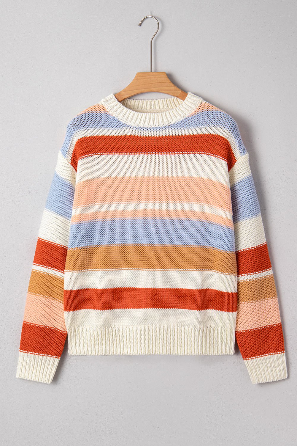 Pink Striped Colorblock Round Neck Drop Shoulder Sweater - MAD RUFFI