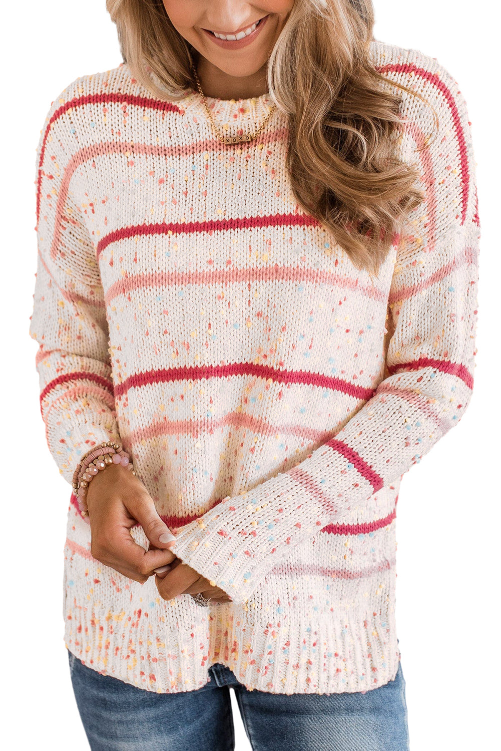 Pink Striped Confetti Drop Sleeve Knit Sweater - MAD RUFFI