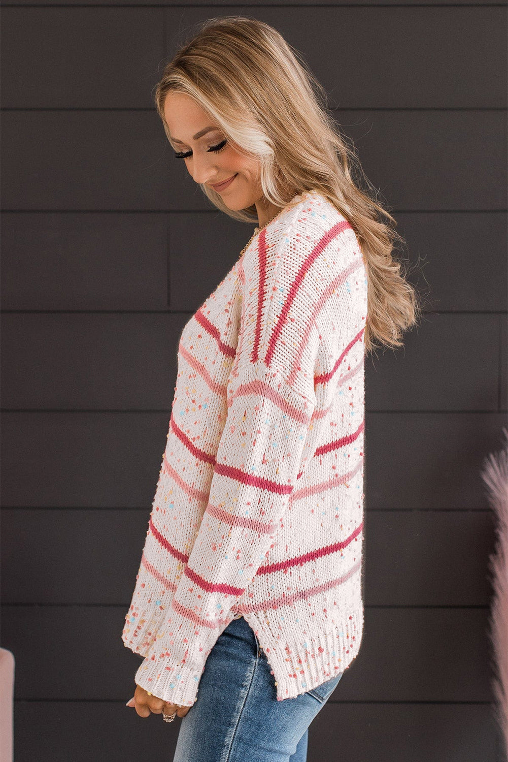 Pink Striped Confetti Drop Sleeve Knit Sweater - MAD RUFFI