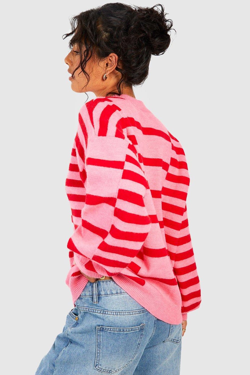 Pink Striped Crewneck Drop Sleeve Knit Sweater - MAD RUFFI