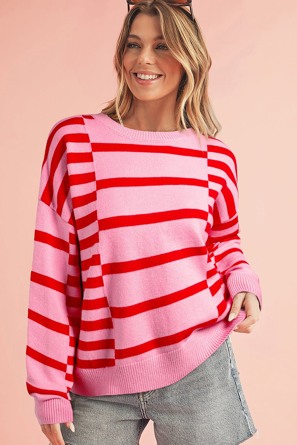 Pink Striped Crewneck Drop Sleeve Knit Sweater - MAD RUFFI