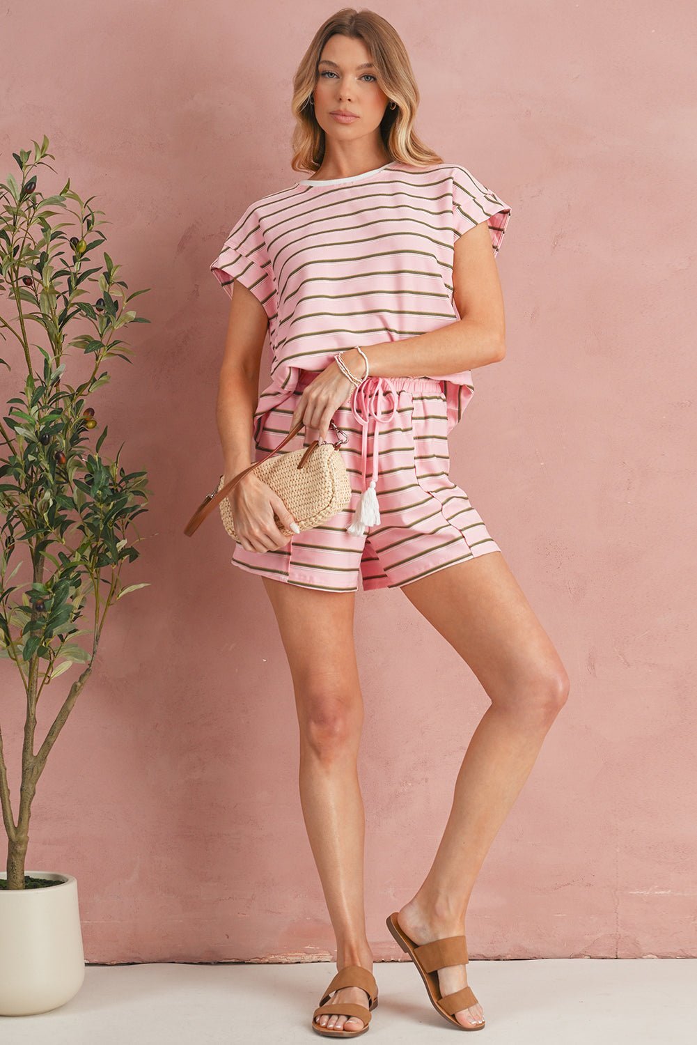 Pink Striped Crewneck Tee and Drawstring Shorts Set - MAD RUFFI