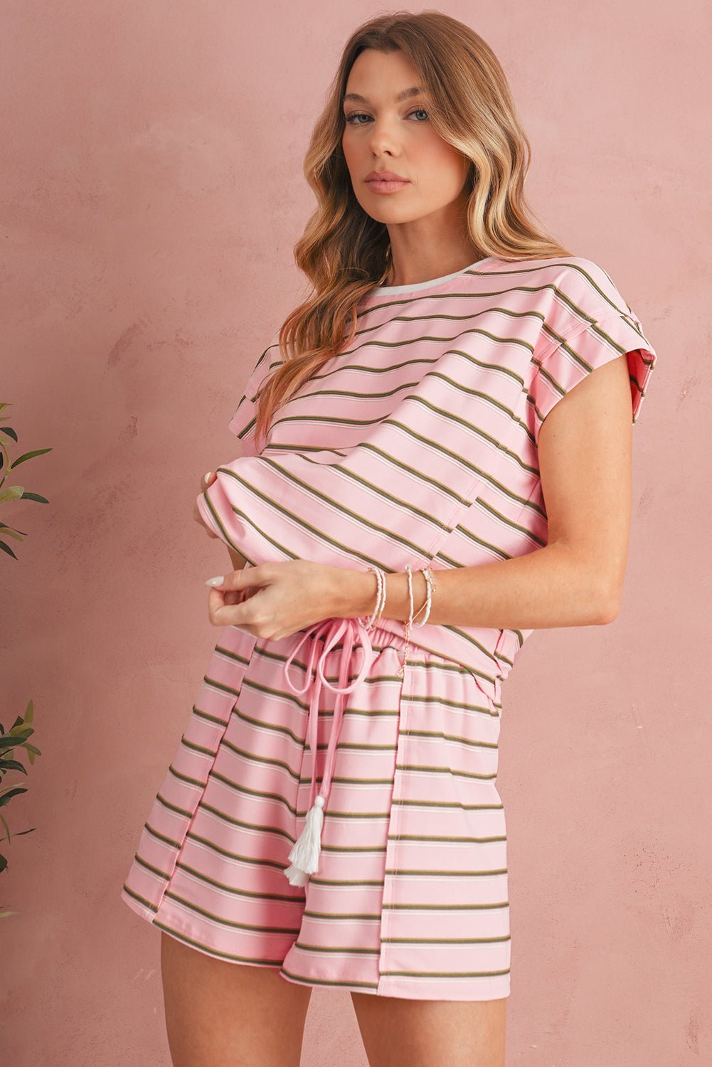 Pink Striped Crewneck Tee and Drawstring Shorts Set - MAD RUFFI
