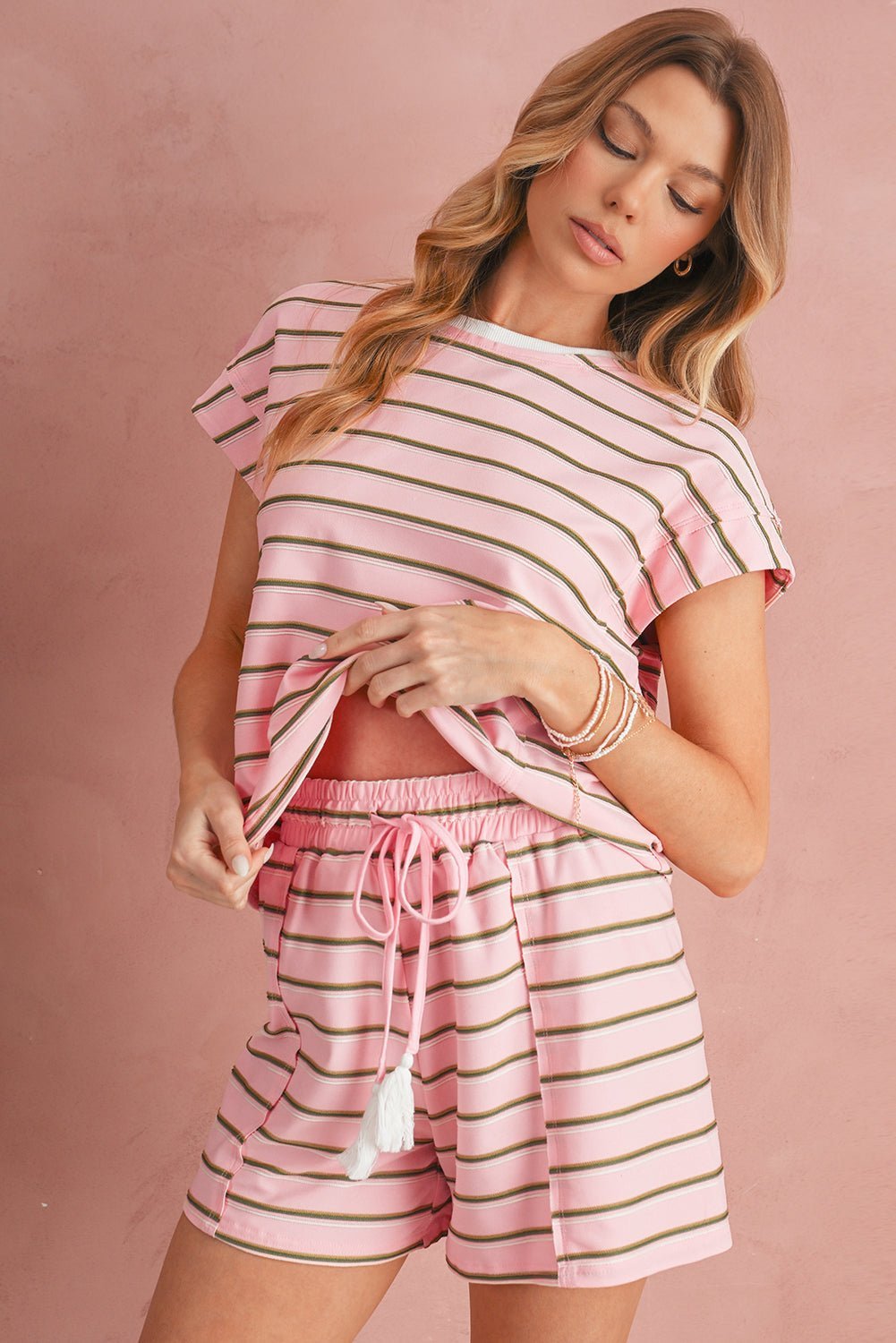Pink Striped Crewneck Tee and Drawstring Shorts Set - MAD RUFFI