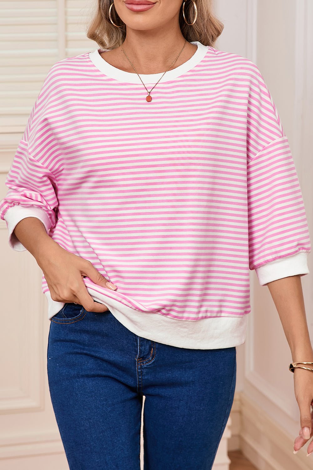 Pink Striped Drop Half Sleeve Round Neck T-Shirt - MAD RUFFI