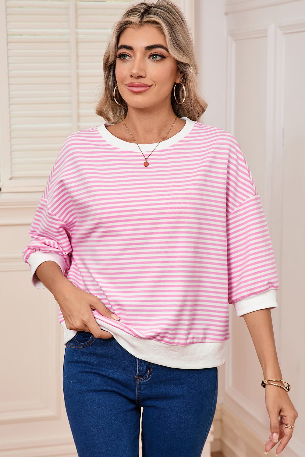 Pink Striped Drop Half Sleeve Round Neck T-Shirt - MAD RUFFI