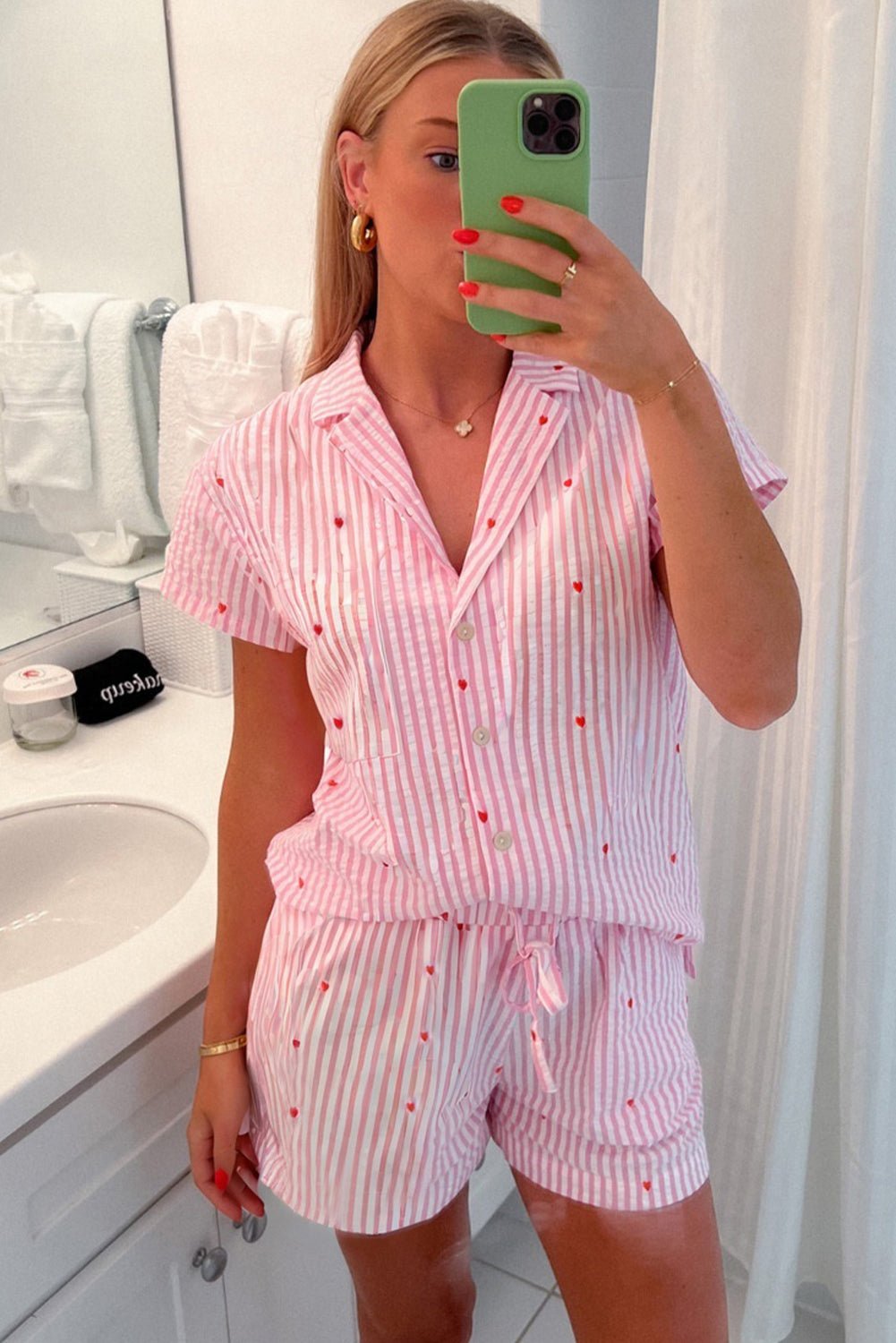 Pink Striped Heart Print Shirt and Shorts Pajama Set - MAD RUFFI