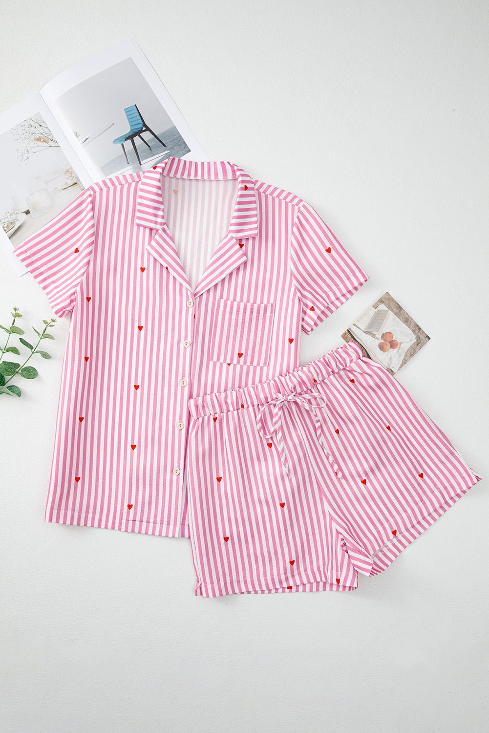 Pink Striped Heart Print Shirt and Shorts Pajama Set - MAD RUFFI