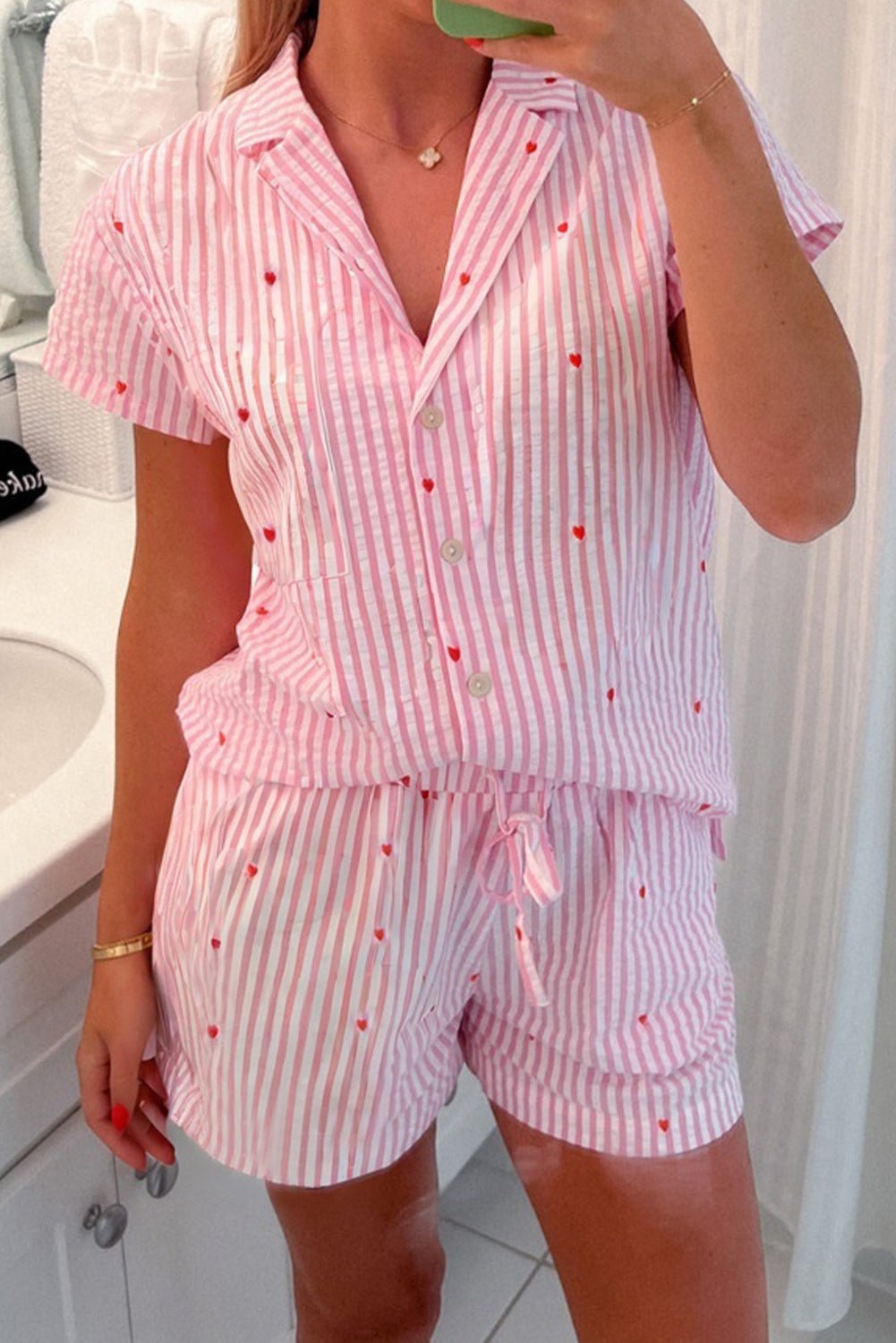 Pink Striped Heart Print Shirt and Shorts Pajama Set - MAD RUFFI