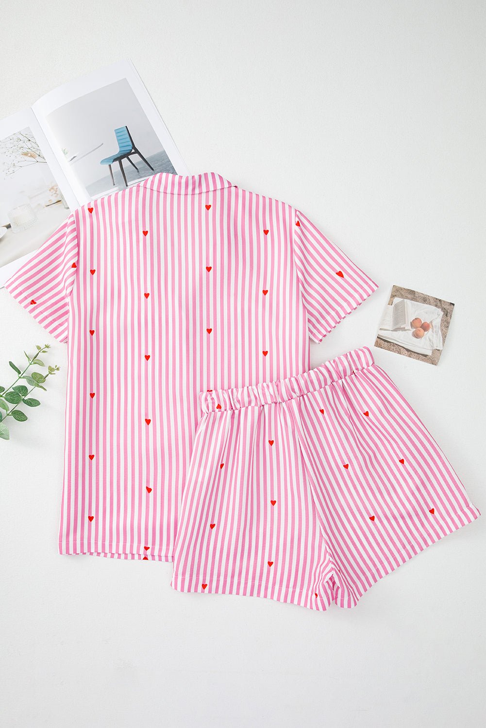 Pink Striped Heart Print Shirt and Shorts Pajama Set - MAD RUFFI