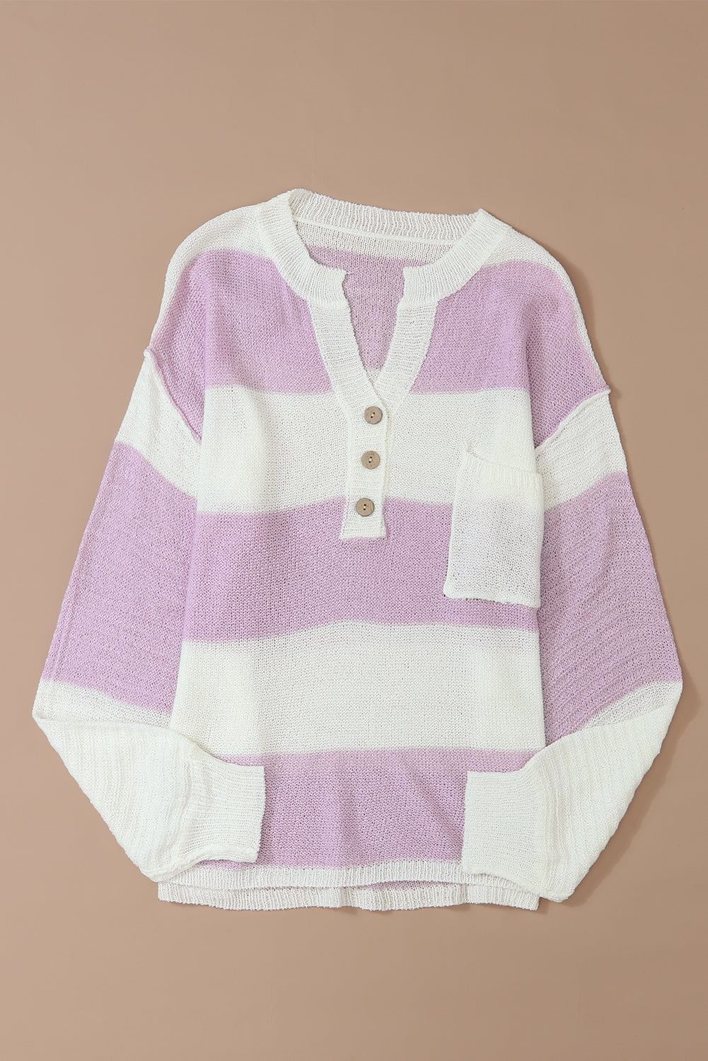 Pink Striped Long Sleeve Henley Knit Sweater with Slits - MAD RUFFI