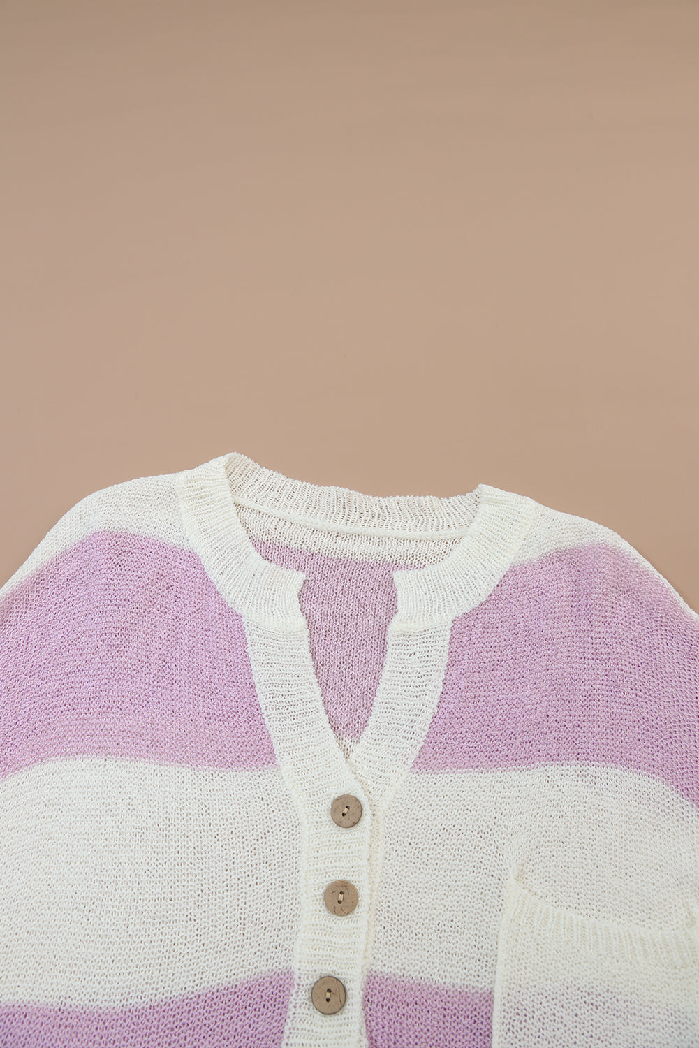 Pink Striped Long Sleeve Henley Knit Sweater with Slits - MAD RUFFI