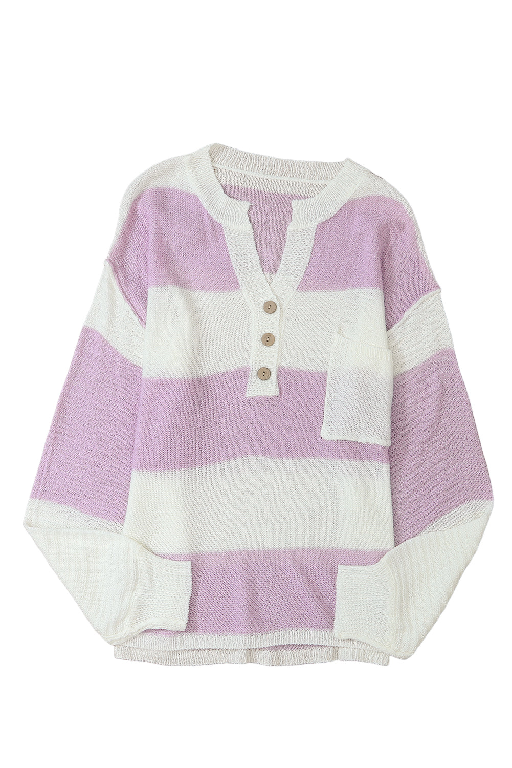 Pink Striped Long Sleeve Henley Knit Sweater with Slits - MAD RUFFI