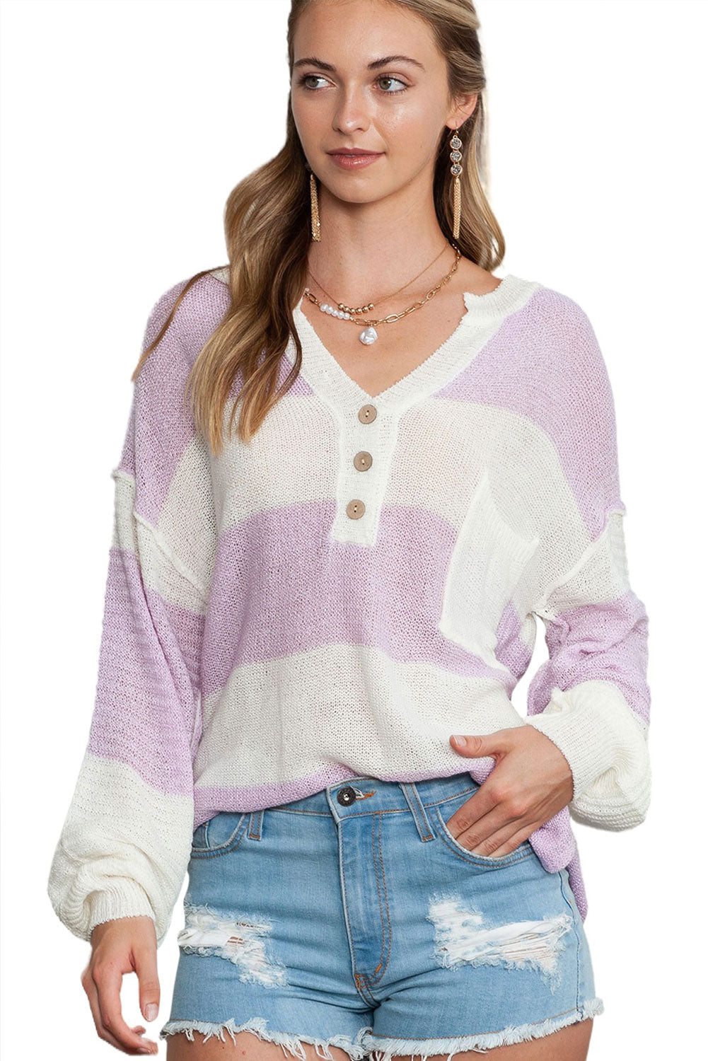 Pink Striped Long Sleeve Henley Knit Sweater with Slits - MAD RUFFI