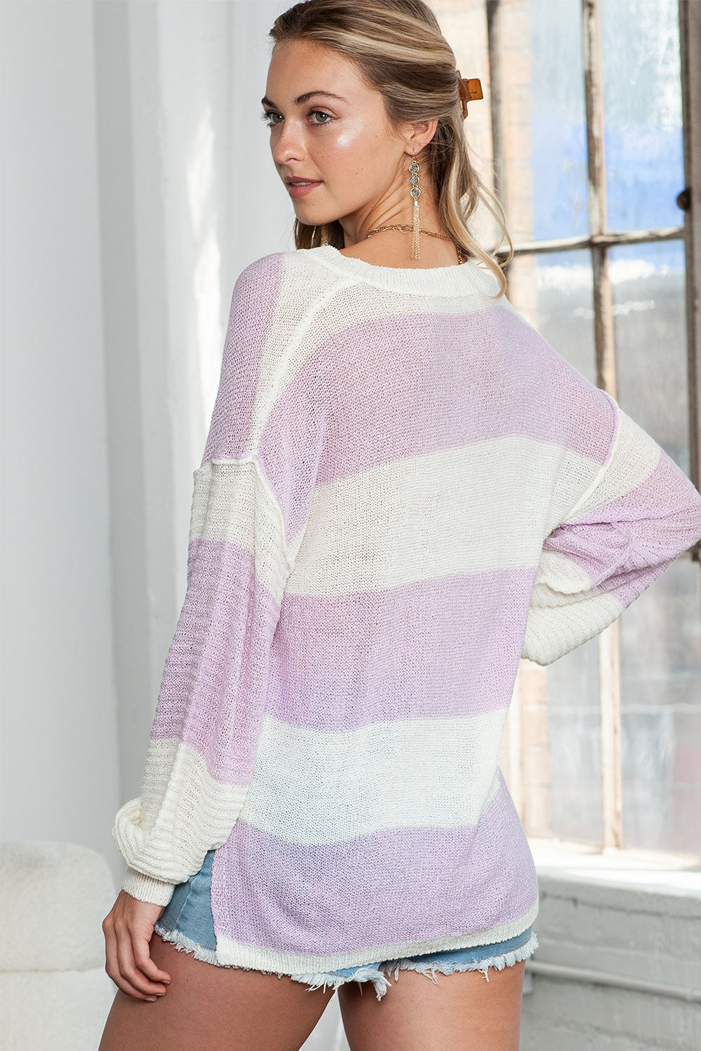 Pink Striped Long Sleeve Henley Knit Sweater with Slits - MAD RUFFI