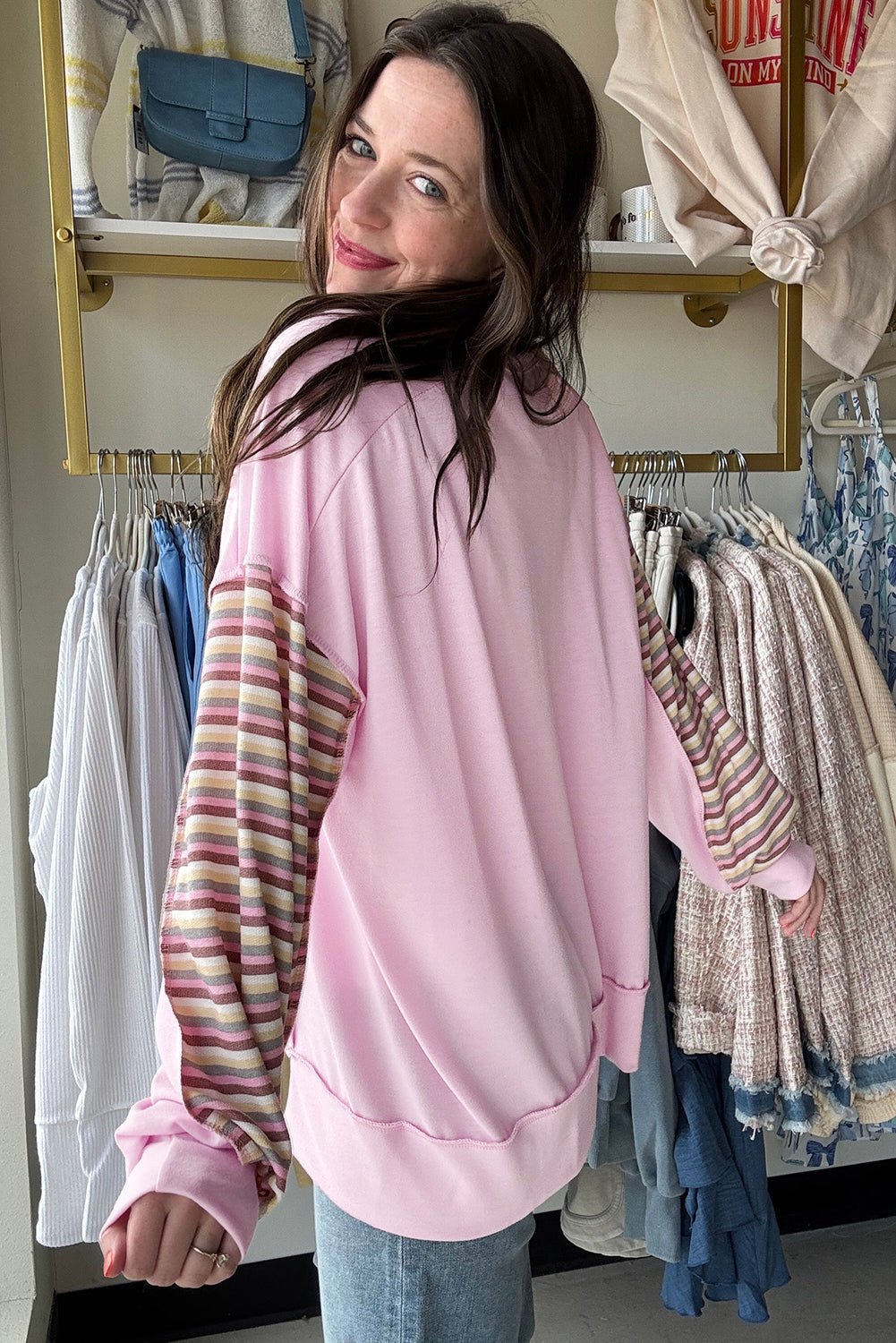 Pink Striped Patchwork Button V Neck Pullover Sweatshirt - MAD RUFFI