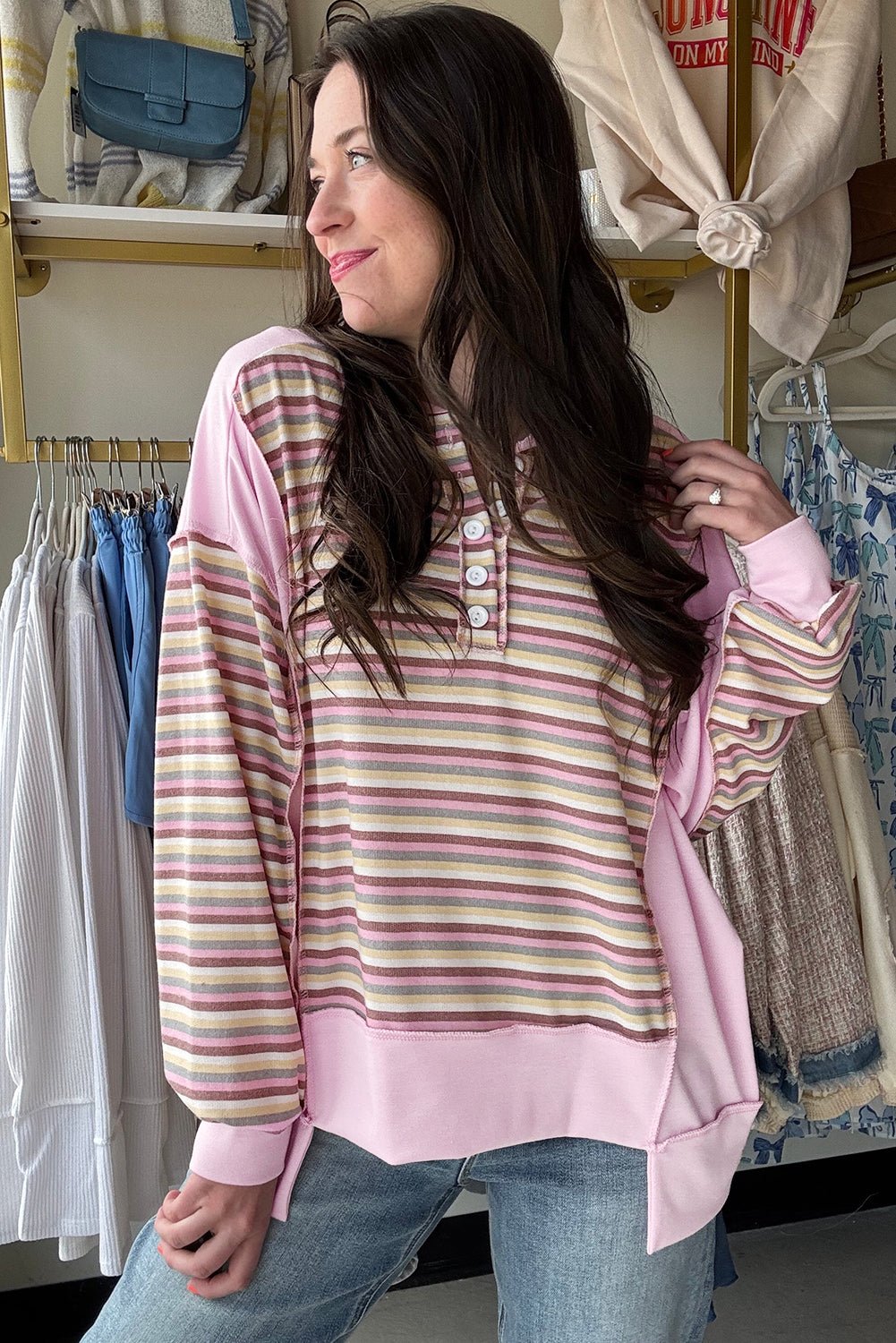 Pink Striped Patchwork Button V Neck Pullover Sweatshirt - MAD RUFFI
