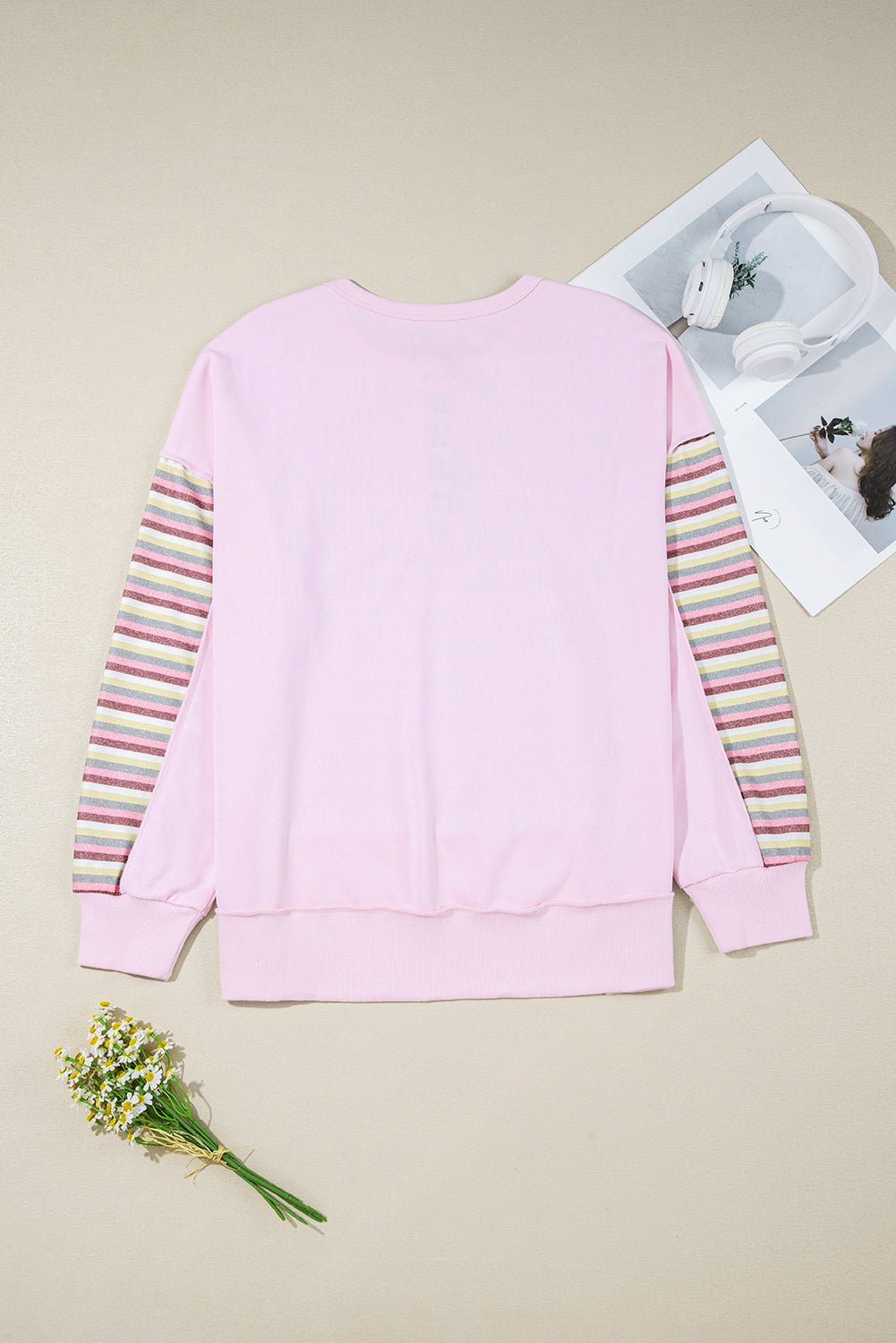 Pink Striped Patchwork Button V Neck Pullover Sweatshirt - MAD RUFFI