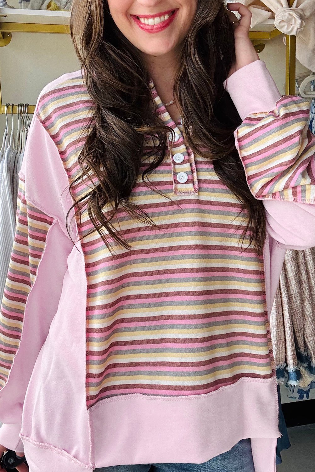 Pink Striped Patchwork Button V Neck Pullover Sweatshirt - MAD RUFFI