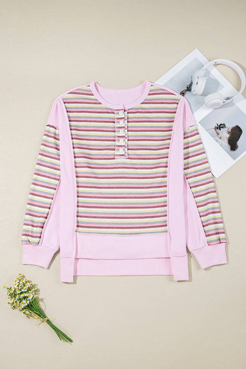 Pink Striped Patchwork Button V Neck Pullover Sweatshirt - MAD RUFFI