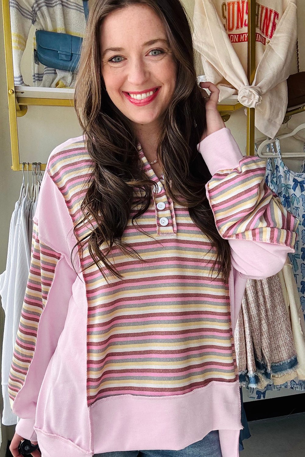 Pink Striped Patchwork Button V Neck Pullover Sweatshirt - MAD RUFFI
