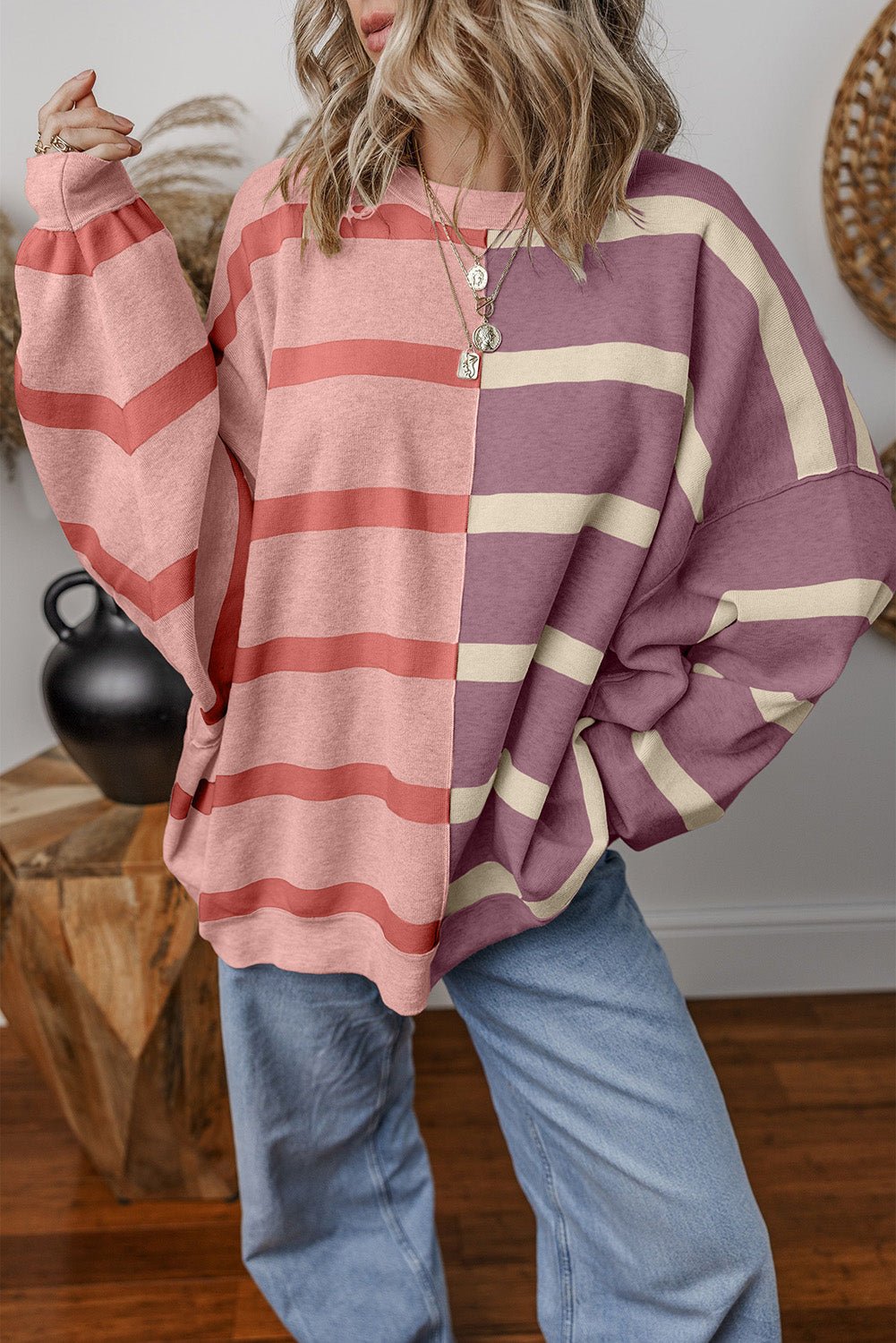 Pink Striped Patchwork Drop Shoulder Sweatshirt - MAD RUFFI