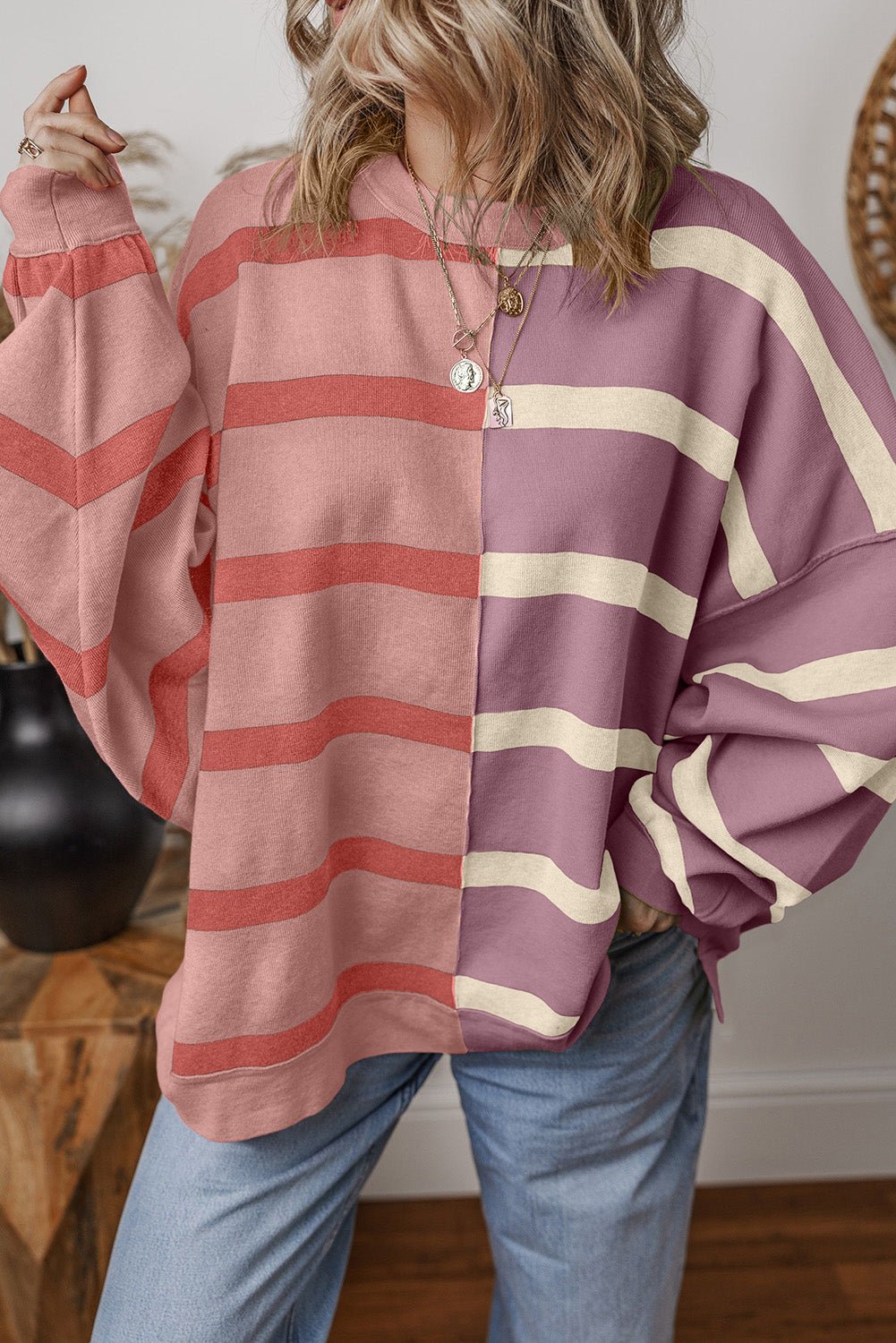 Pink Striped Patchwork Drop Shoulder Sweatshirt - MAD RUFFI