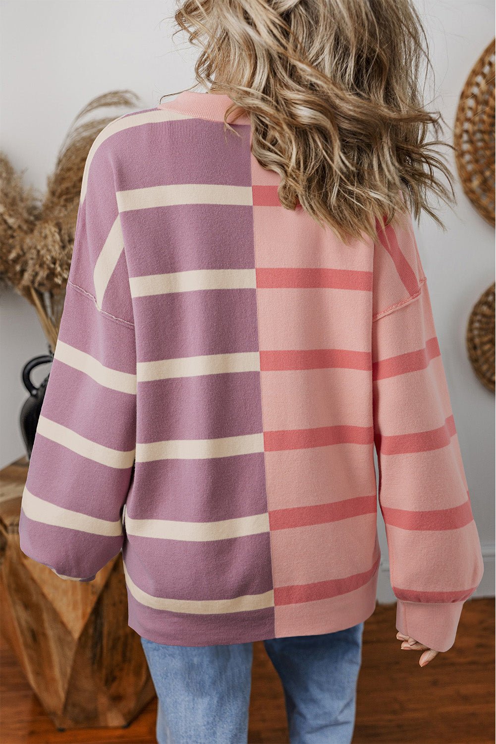 Pink Striped Patchwork Drop Shoulder Sweatshirt - MAD RUFFI