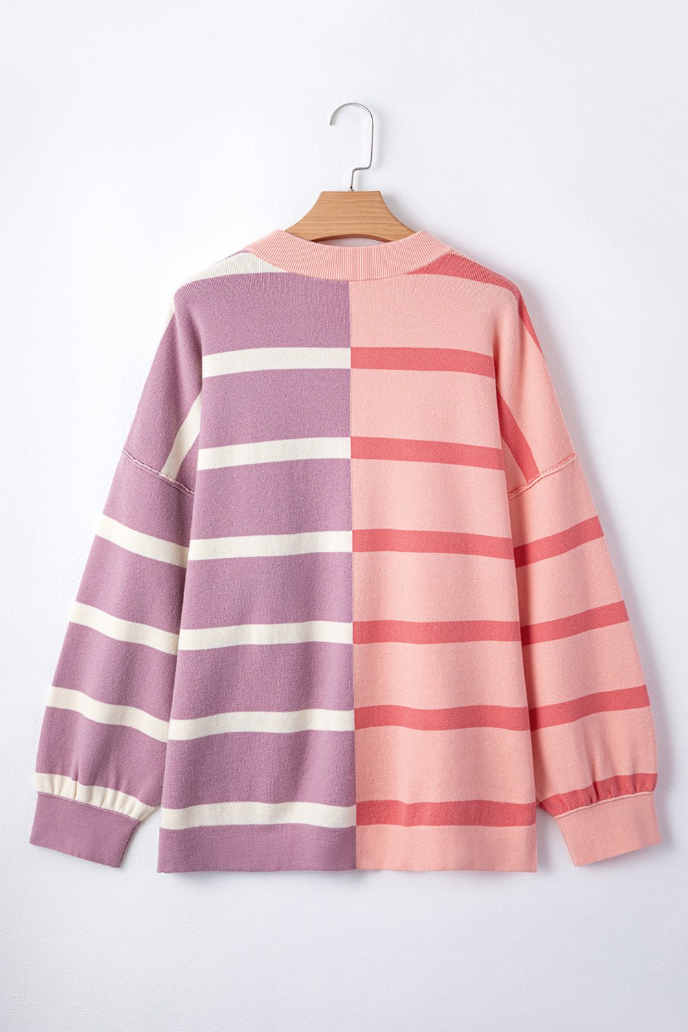 Pink Striped Patchwork Drop Shoulder Sweatshirt - MAD RUFFI