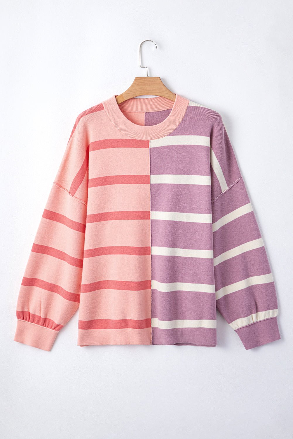 Pink Striped Patchwork Drop Shoulder Sweatshirt - MAD RUFFI
