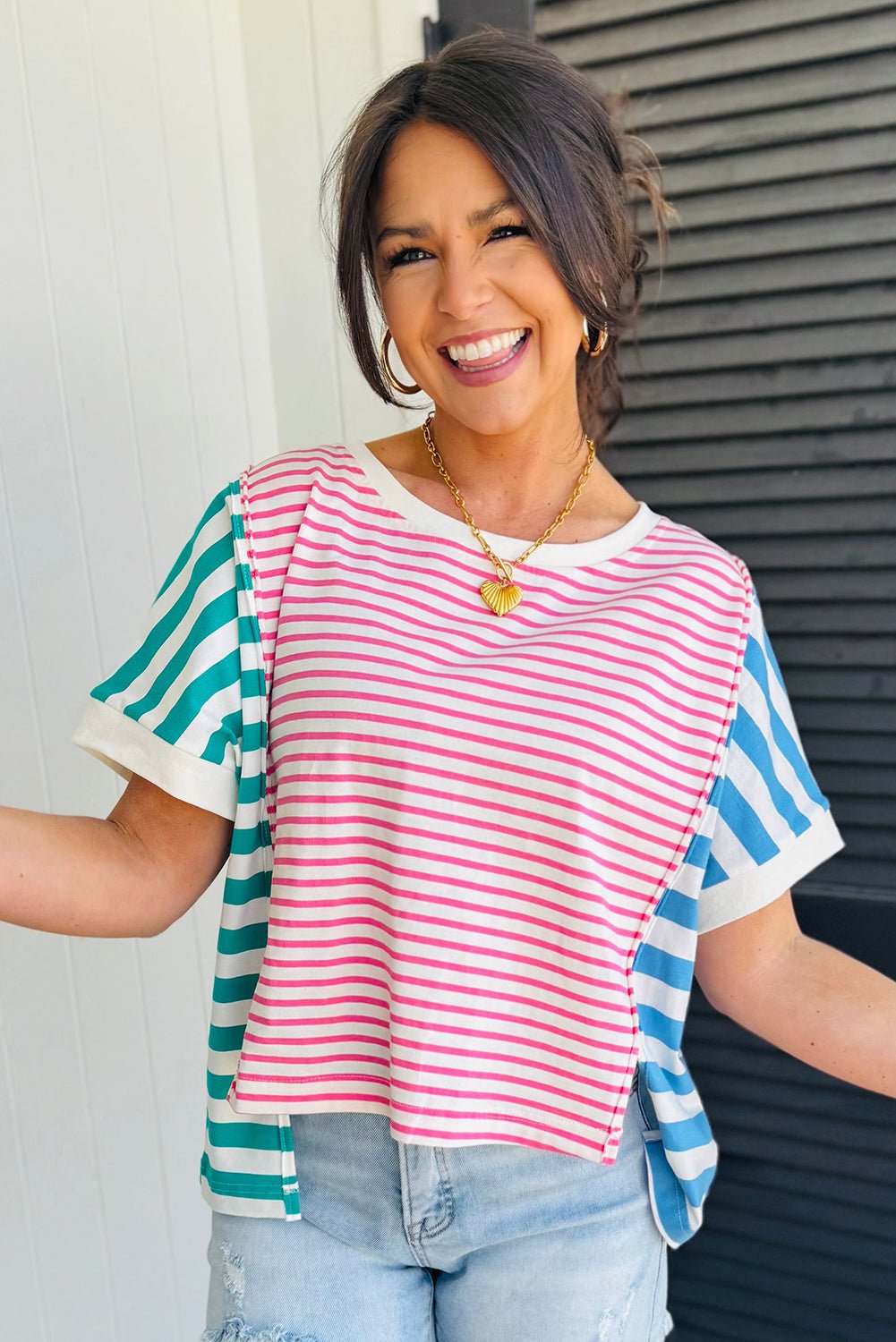 pink striped patchwork exposed seam loose tee - MAD RUFFI