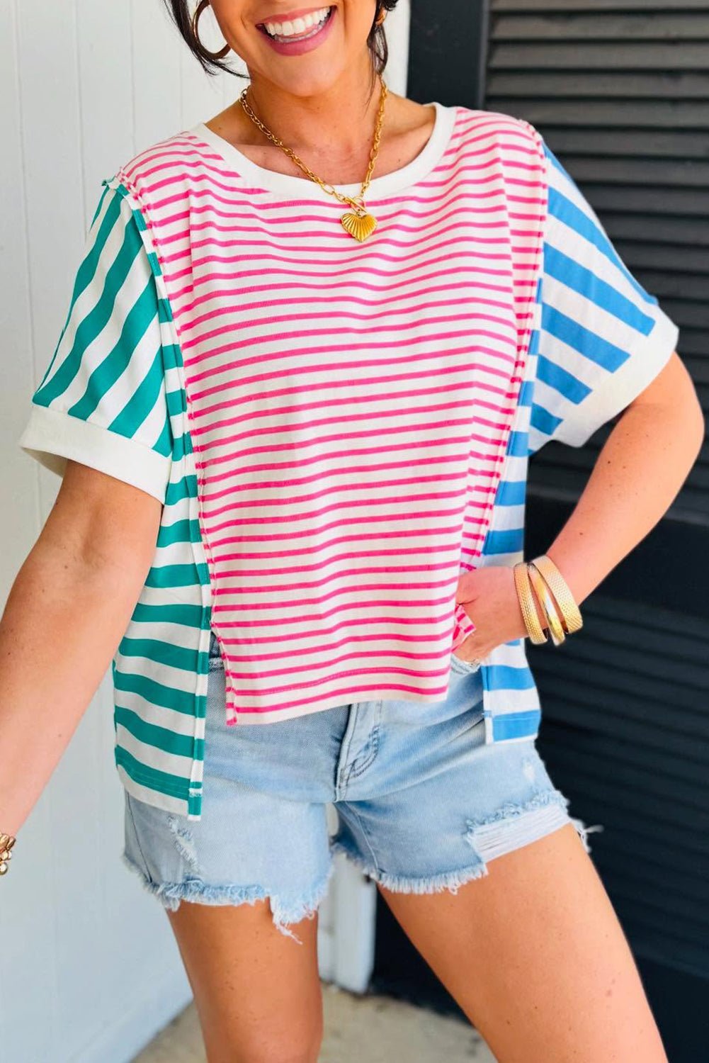 pink striped patchwork exposed seam loose tee - MAD RUFFI