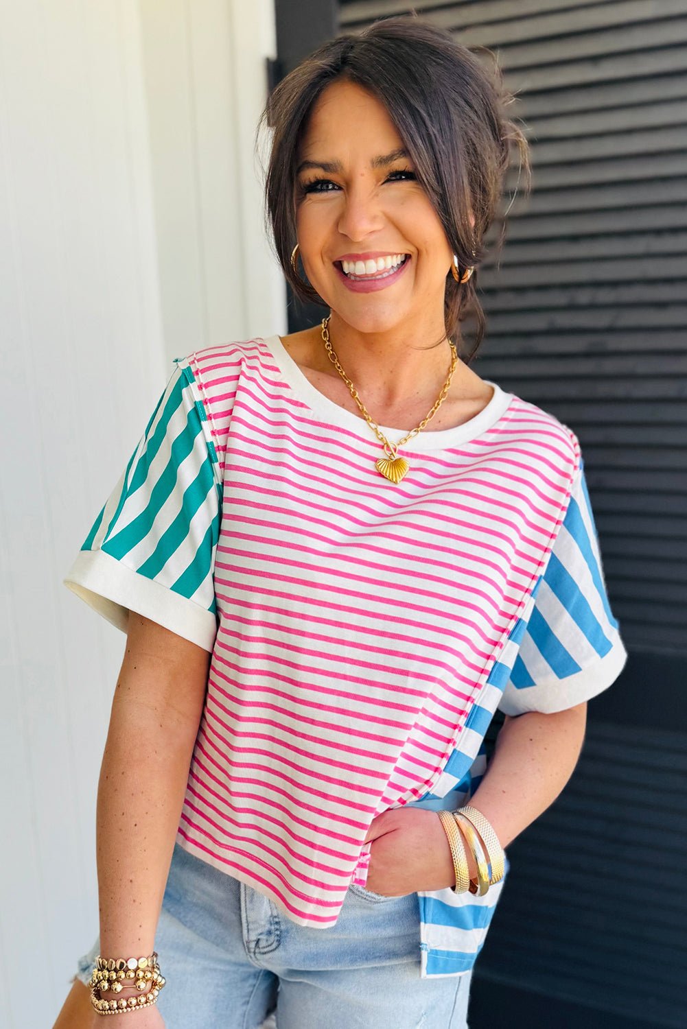 pink striped patchwork exposed seam loose tee - MAD RUFFI