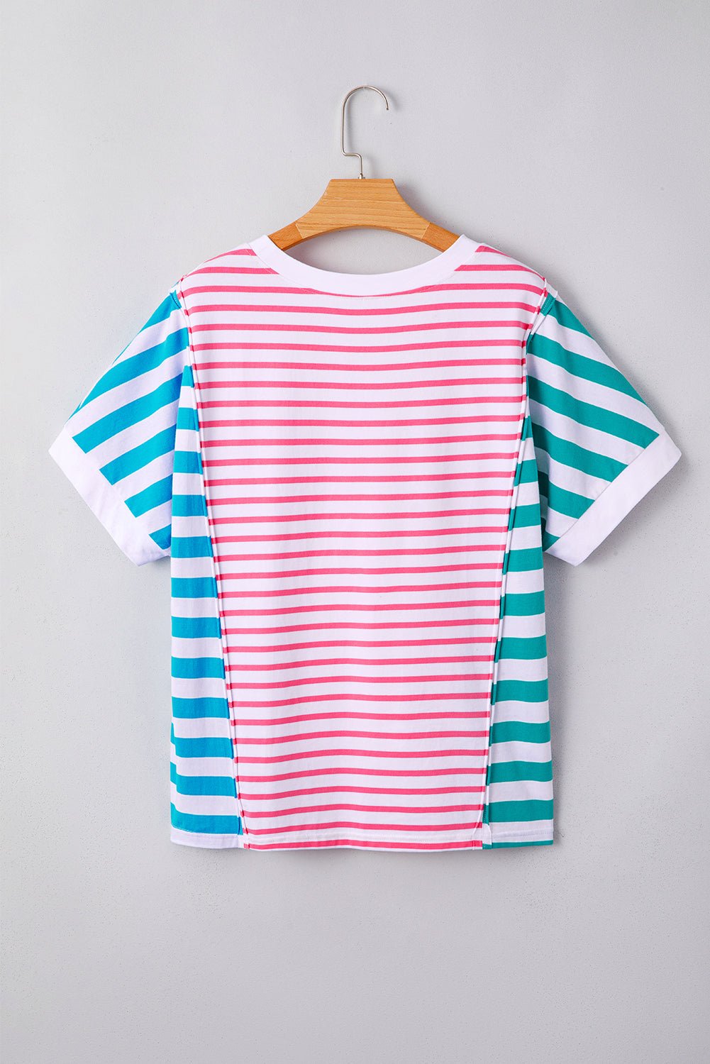 pink striped patchwork exposed seam loose tee - MAD RUFFI