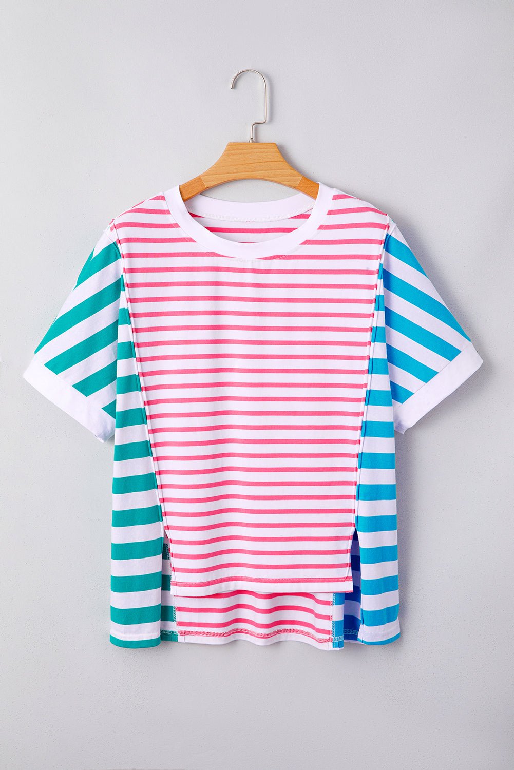 pink striped patchwork exposed seam loose tee - MAD RUFFI
