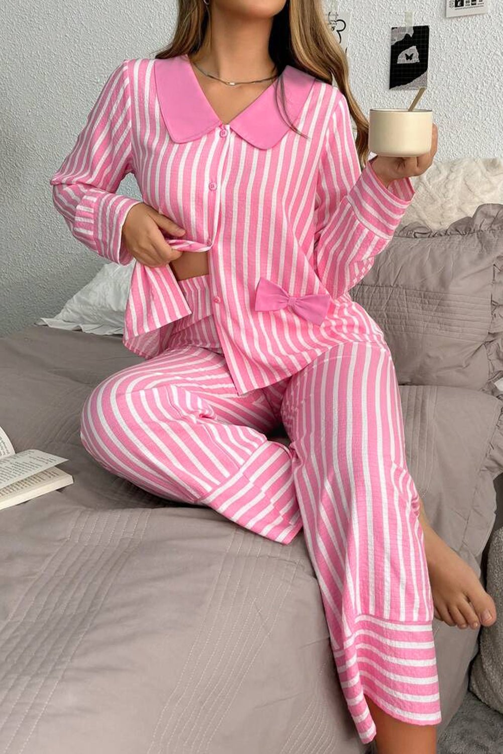 Pink Striped Sweet Bow Decor Peter Pan Collar Pullover Pants Pajama Set - MAD RUFFI