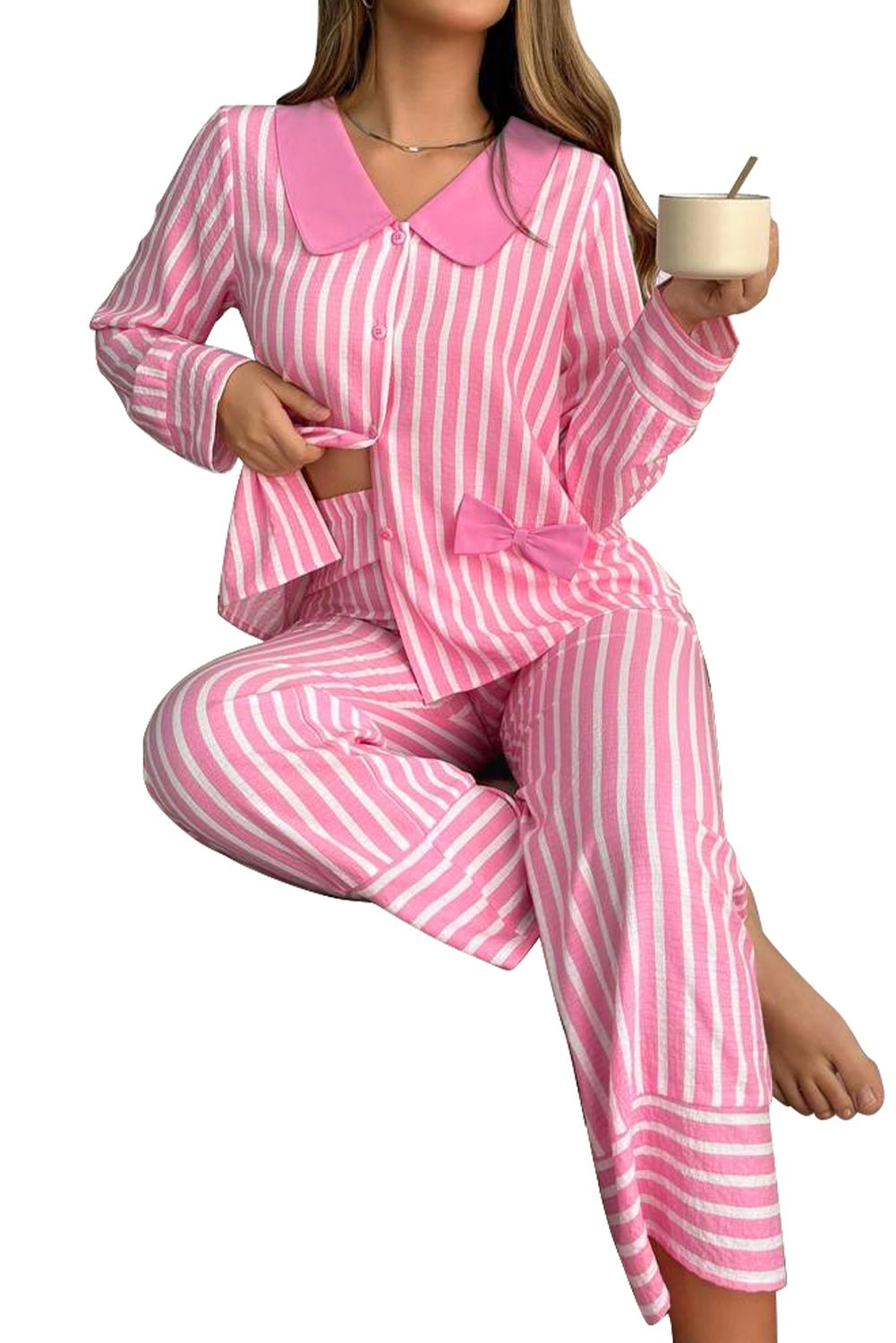 Pink Striped Sweet Bow Decor Peter Pan Collar Pullover Pants Pajama Set - MAD RUFFI