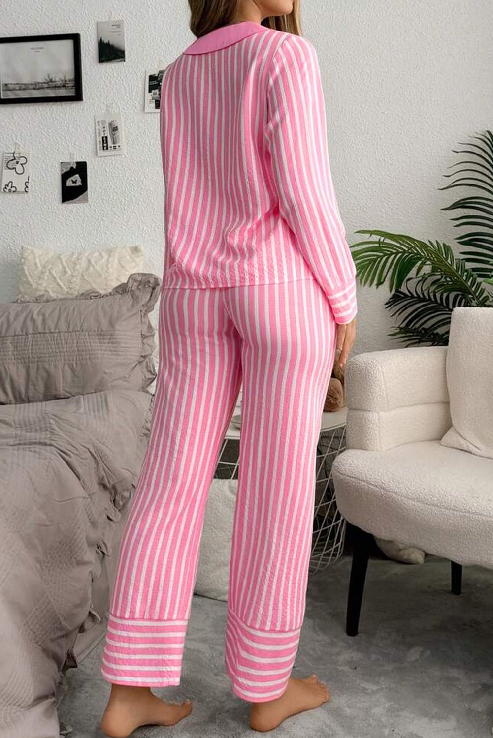 Pink Striped Sweet Bow Decor Peter Pan Collar Pullover Pants Pajama Set - MAD RUFFI