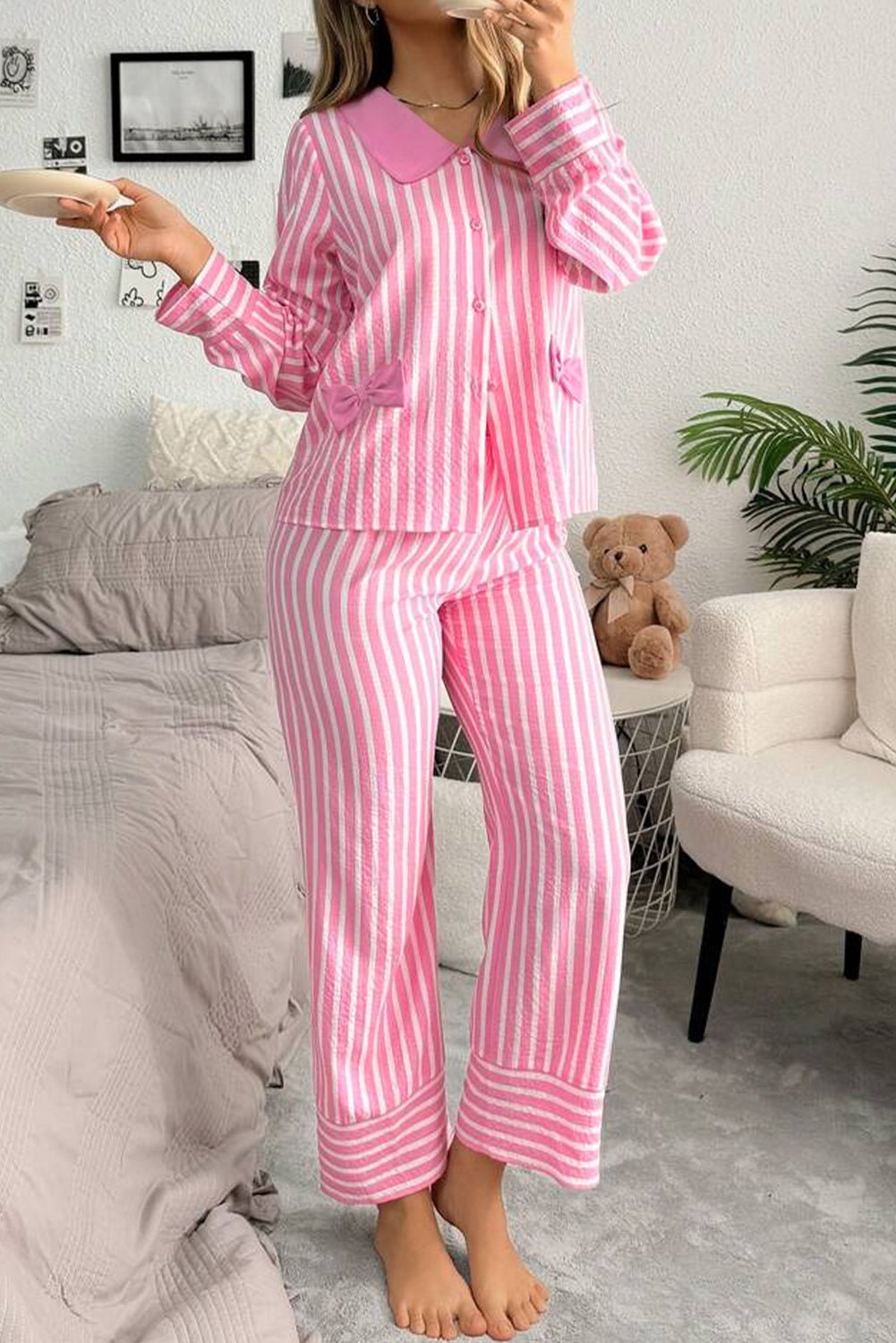 Pink Striped Sweet Bow Decor Peter Pan Collar Pullover Pants Pajama Set - MAD RUFFI