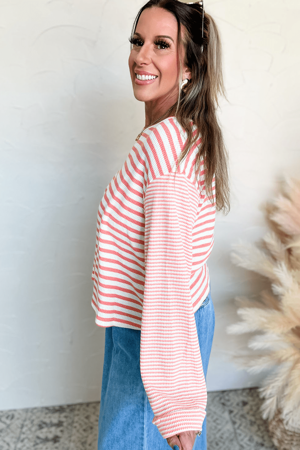 Pink Striped Textured Patchwork Drop Sleeve Top - MAD RUFFI
