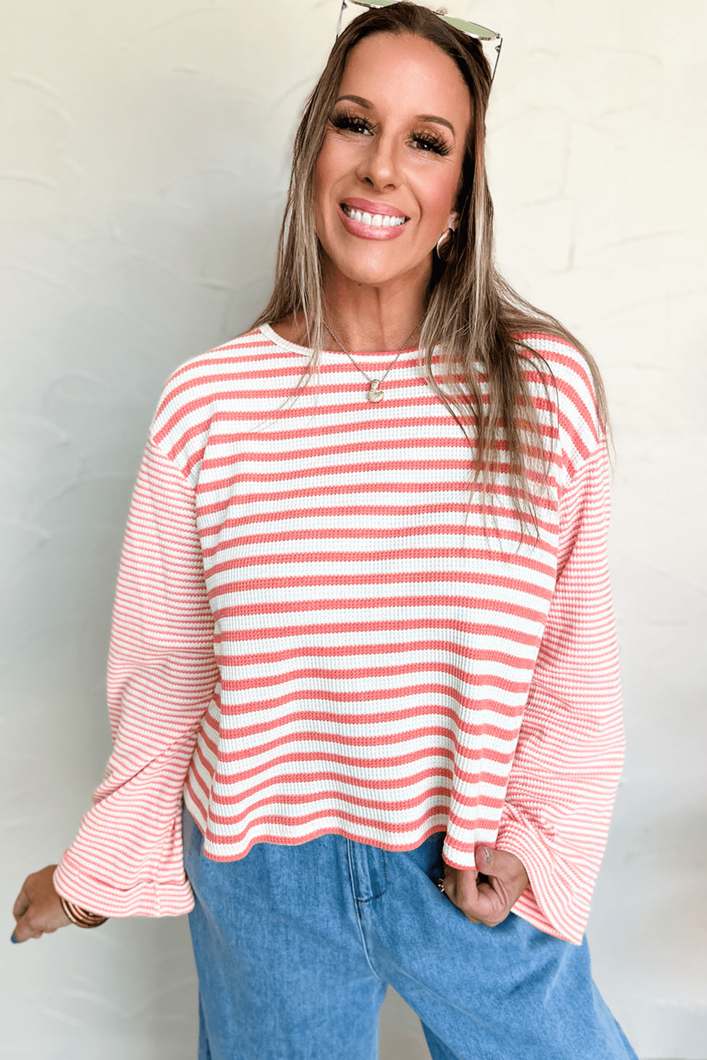Pink Striped Textured Patchwork Drop Sleeve Top - MAD RUFFI