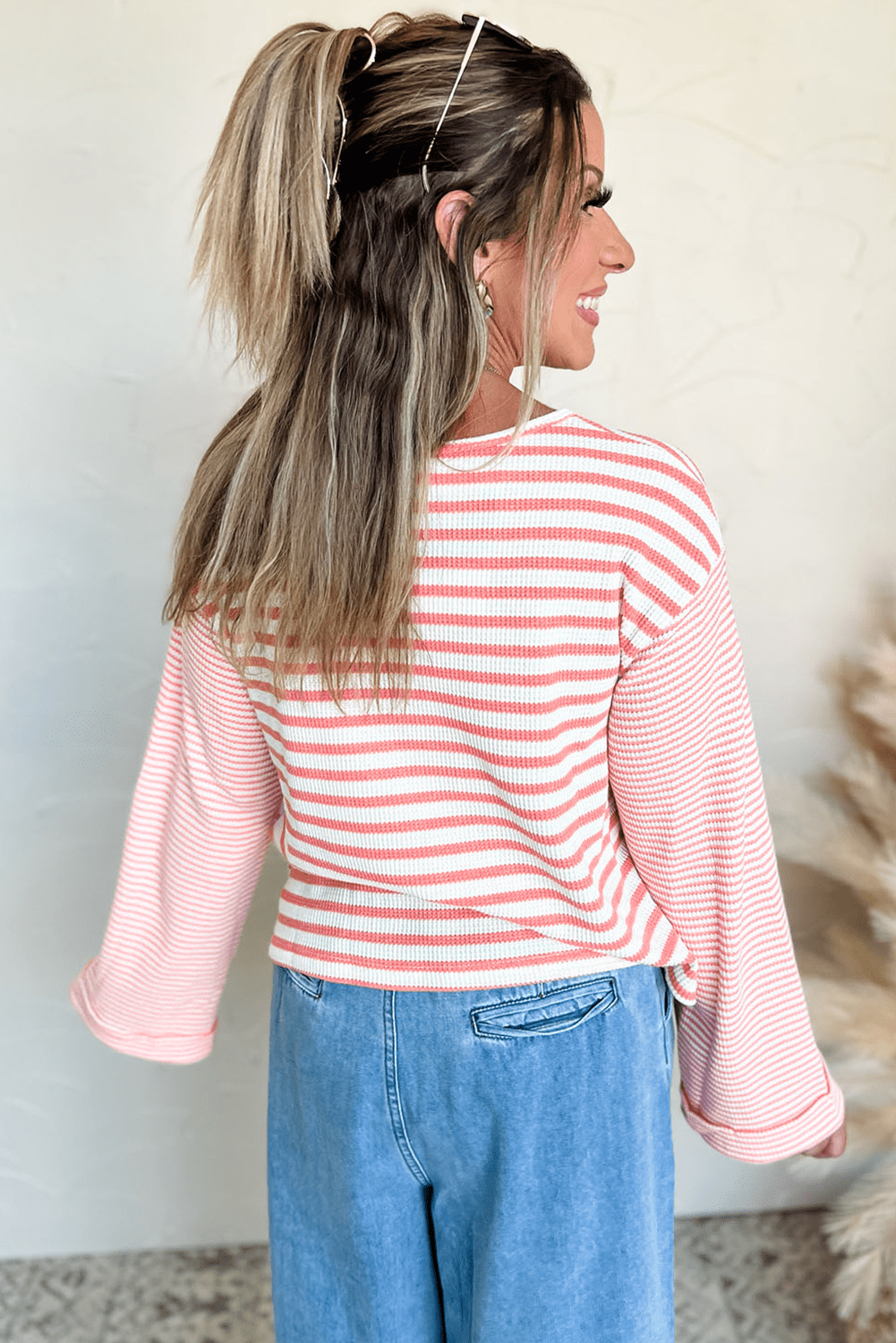 Pink Striped Textured Patchwork Drop Sleeve Top - MAD RUFFI