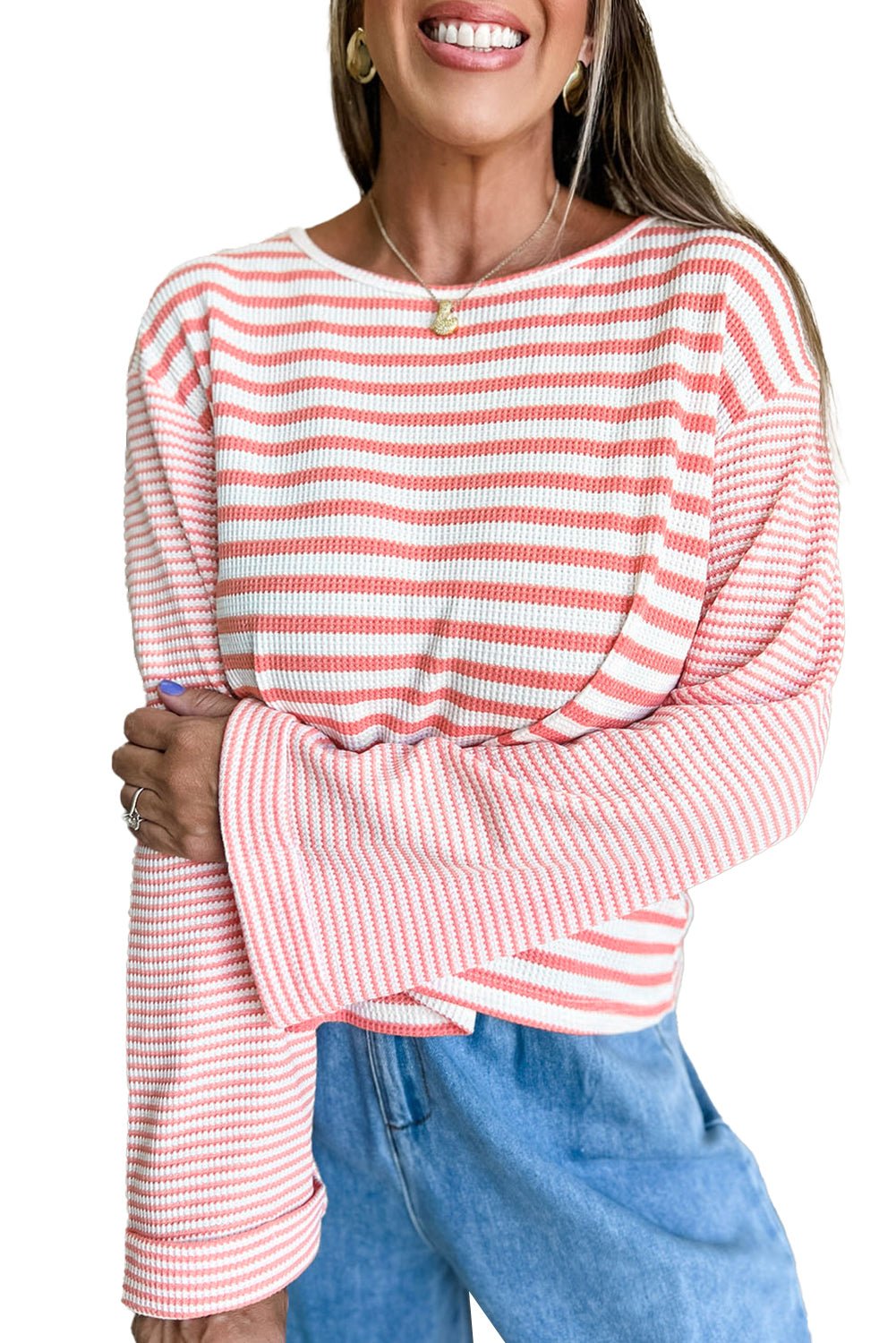 Pink Striped Textured Patchwork Drop Sleeve Top - MAD RUFFI