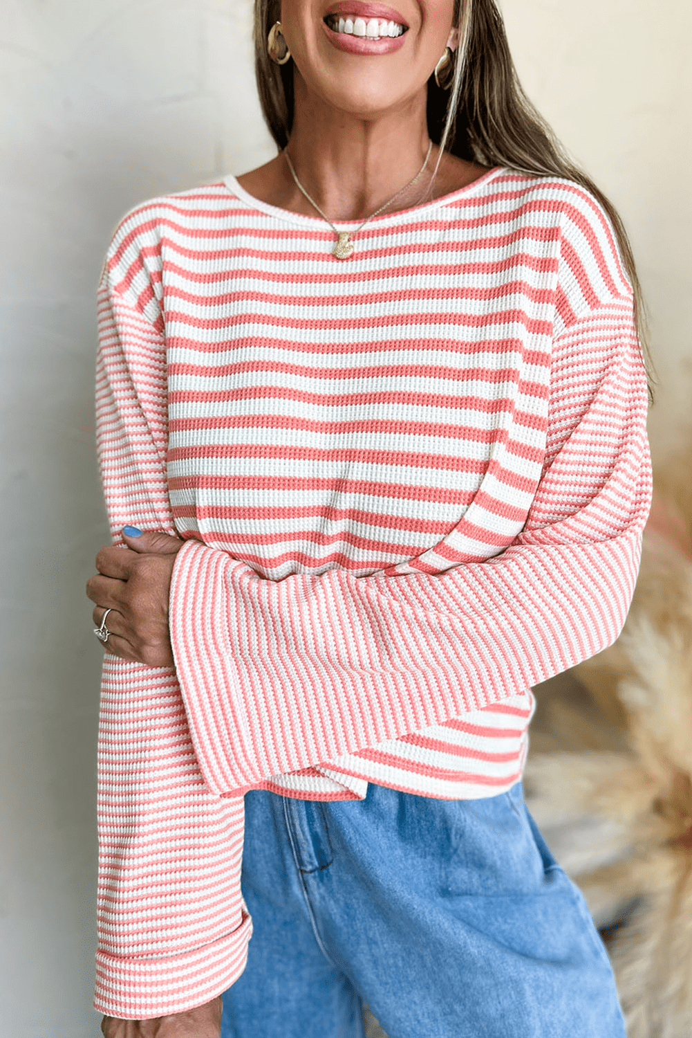 Pink Striped Textured Patchwork Drop Sleeve Top - MAD RUFFI