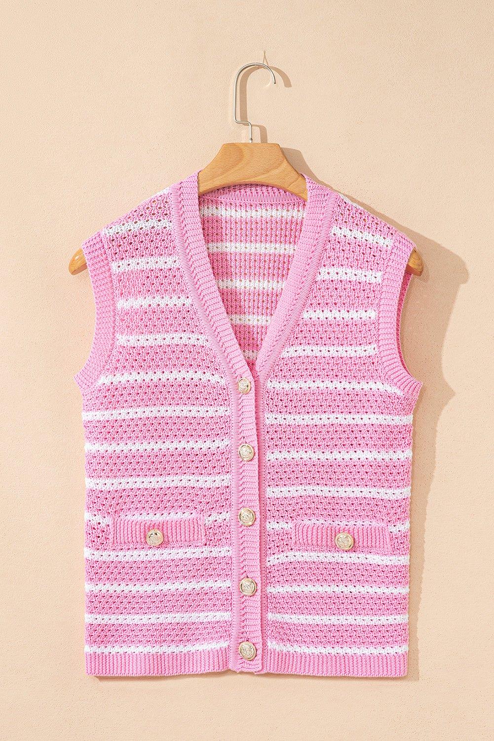 Pink Striped V Neck Button Knit Vest - MAD RUFFI