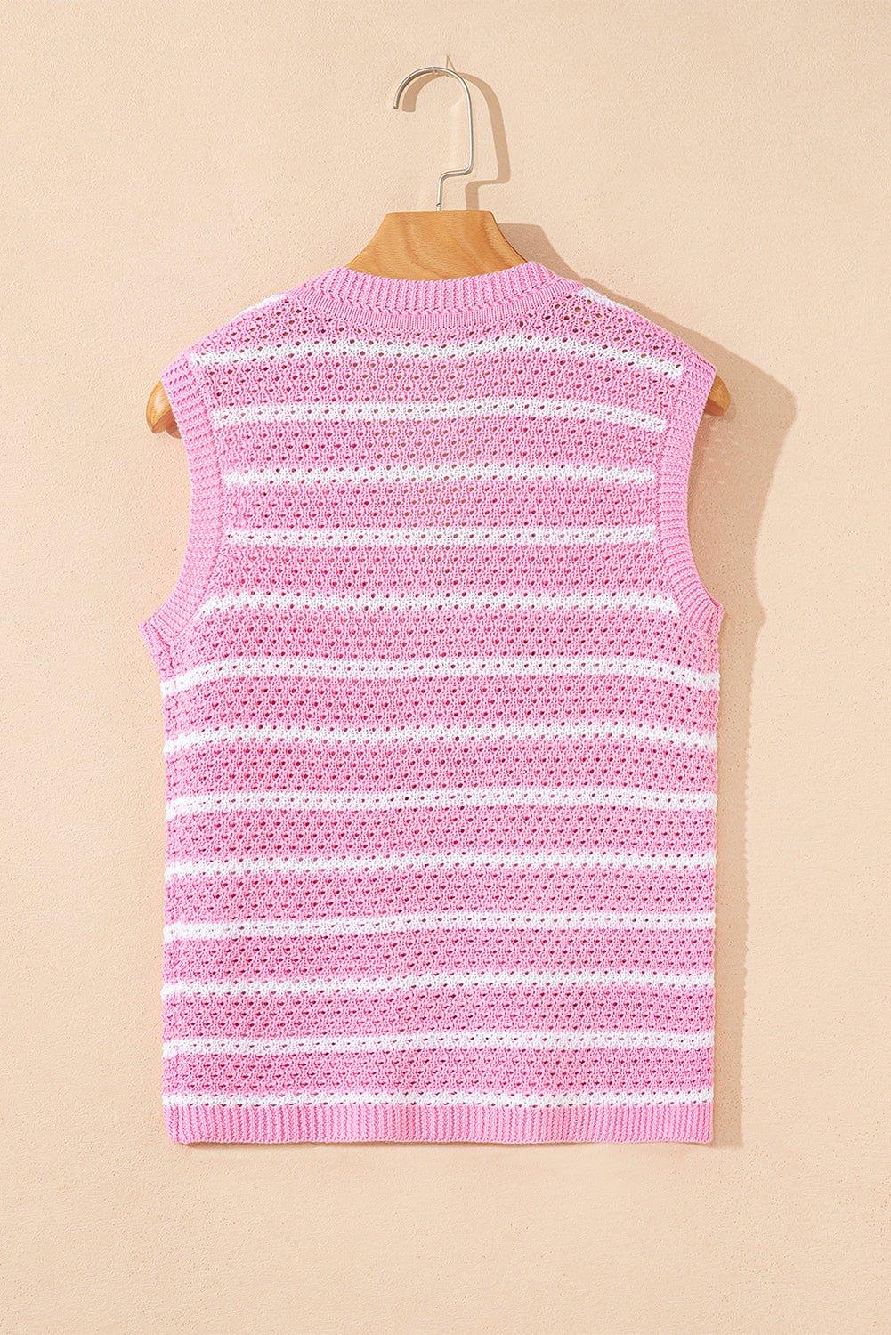 Pink Striped V Neck Button Knit Vest - MAD RUFFI