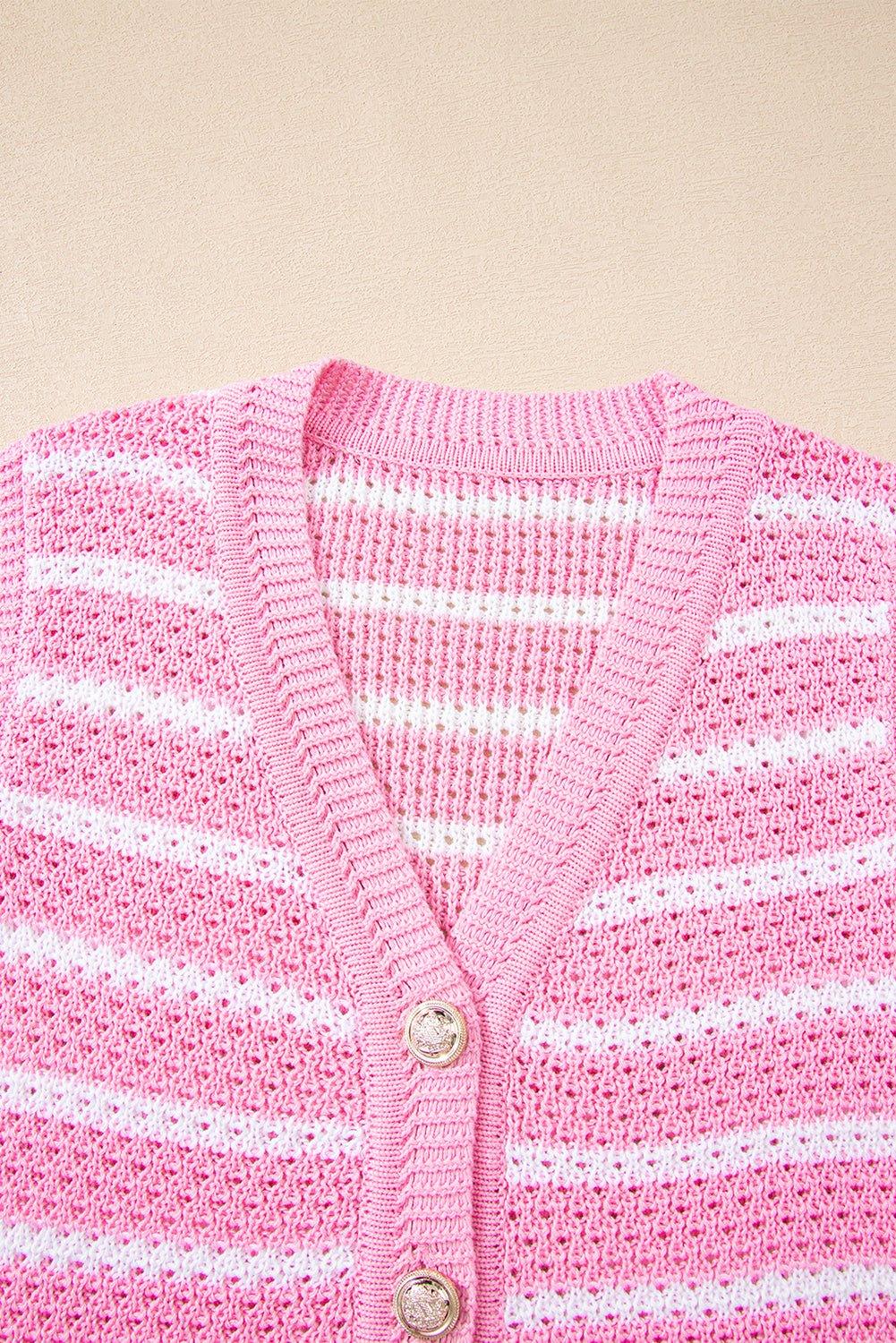 Pink Striped V Neck Button Knit Vest - MAD RUFFI