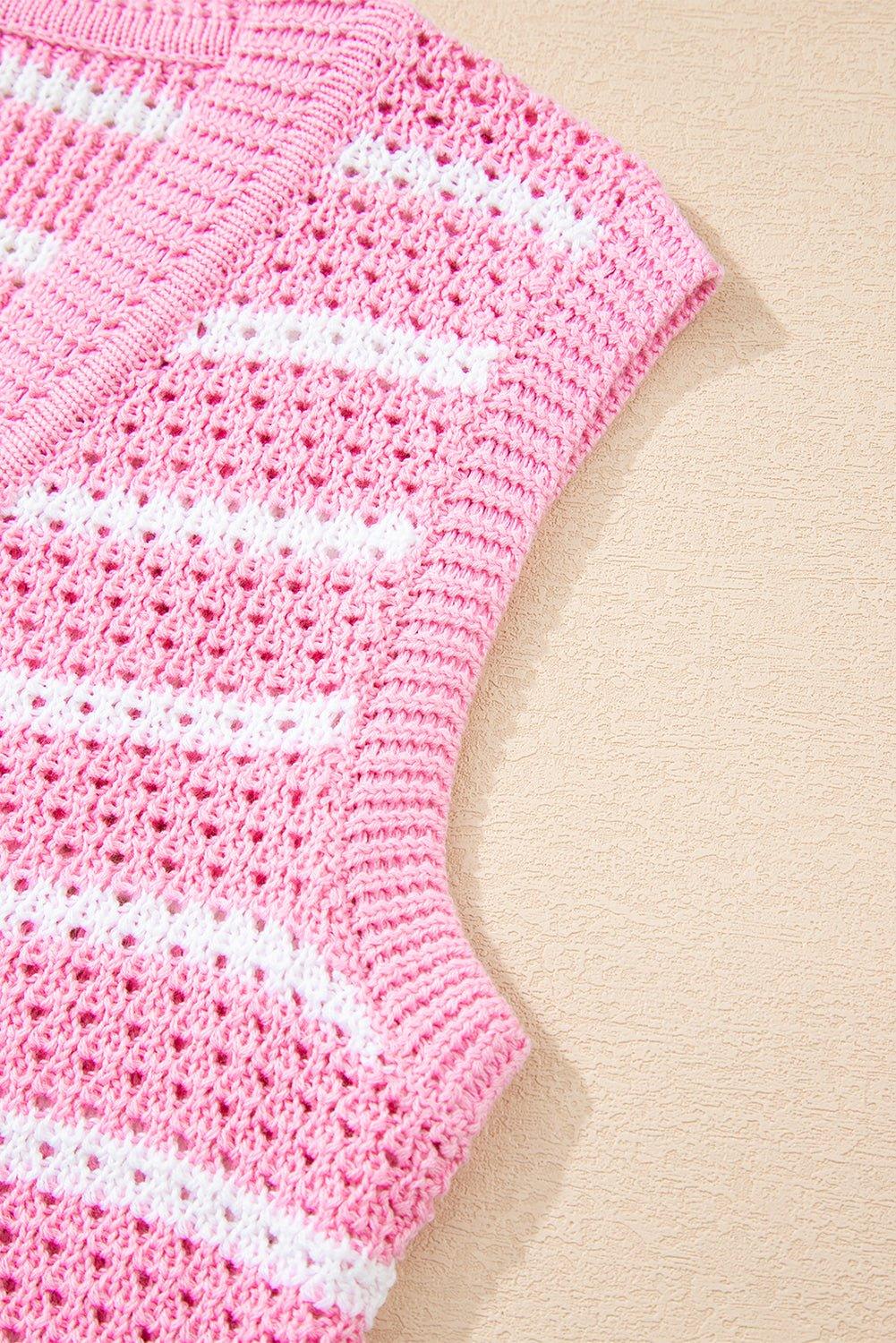 Pink Striped V Neck Button Knit Vest - MAD RUFFI