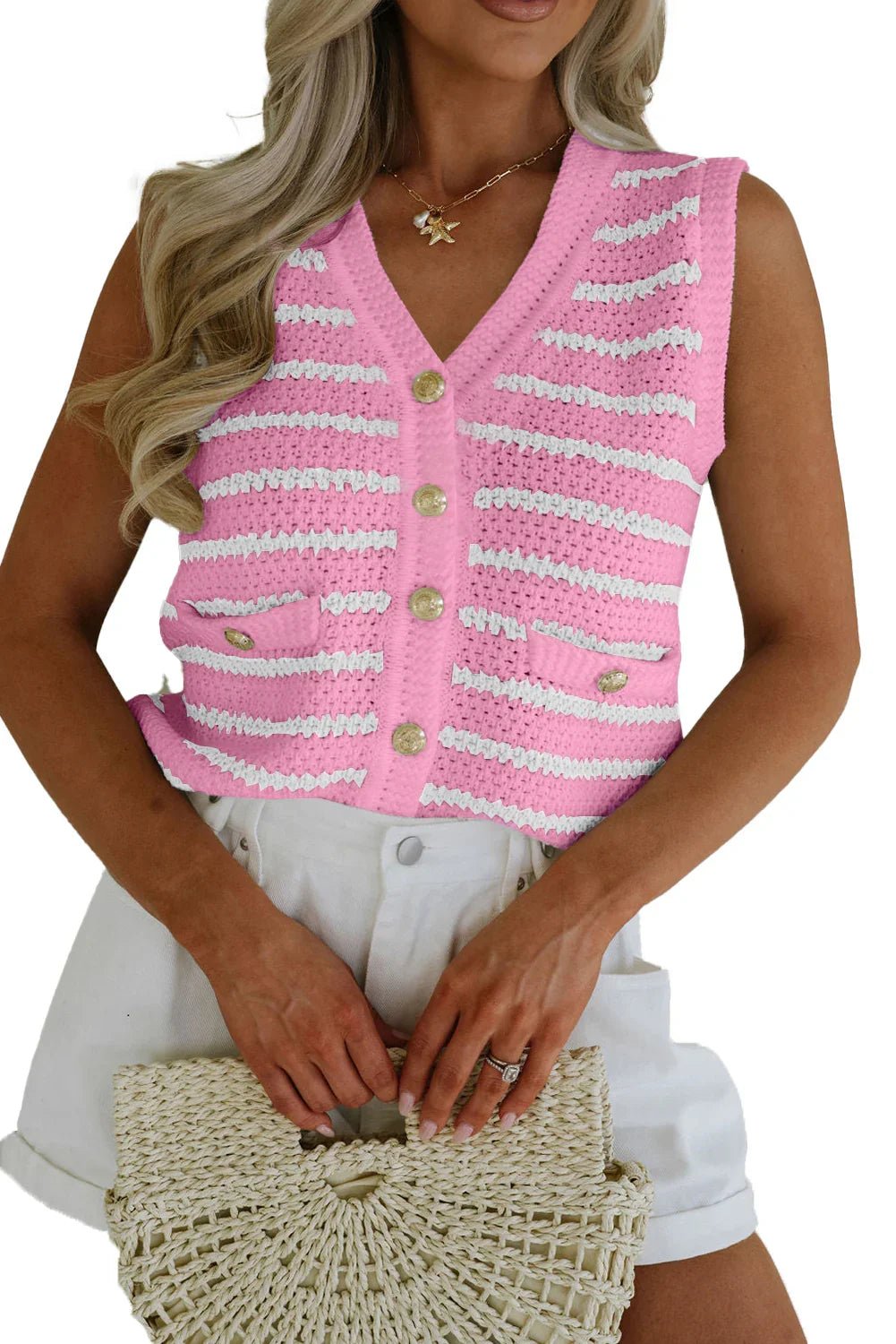 Pink Striped V Neck Button Knit Vest - MAD RUFFI