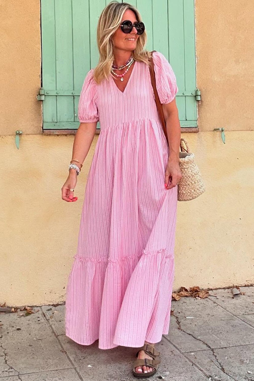 Pink Striped V Neck Puff Sleeve Frill Tiered Maxi Dress - MAD RUFFI